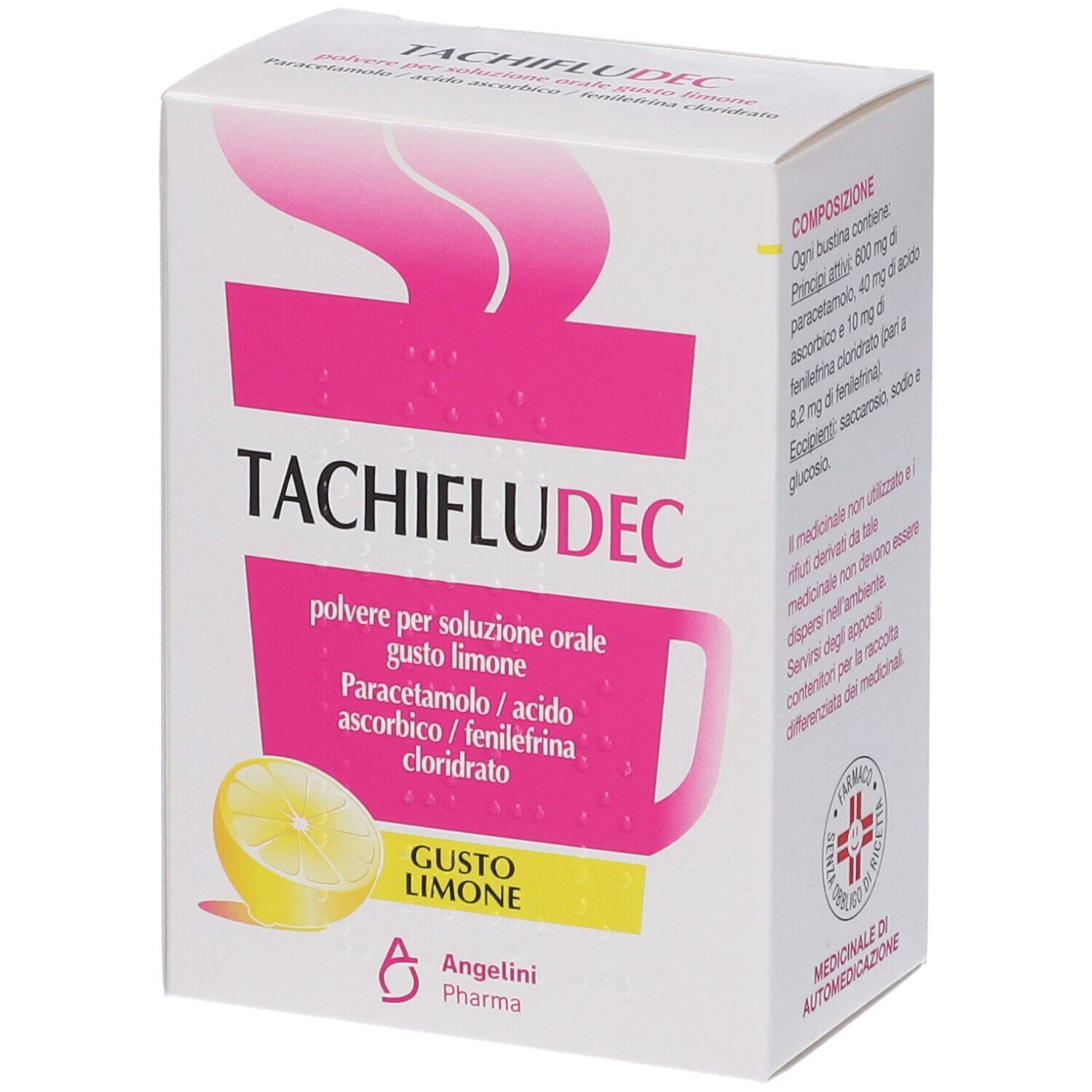 Scatola di TACHIFLUDEC Gusto Limone. Confezione bianca con informazioni sul prodotto e ingredienti.