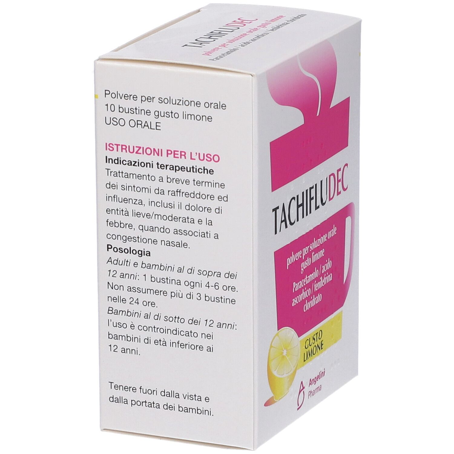 Scatola di TACHIFLUDEC Gusto Limone. Confezione bianca con istruzioni e dosaggio.