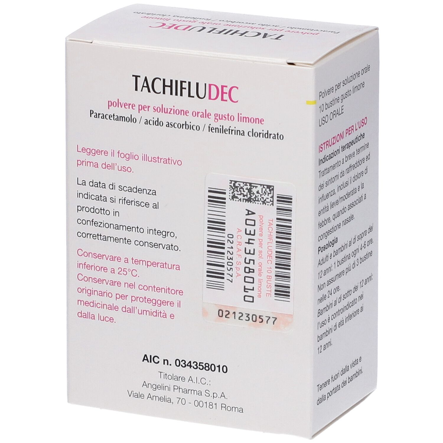 Retro della confezione di TACHIFLUDEC Gusto Limone. Scatola bianca con codice a barre e informazioni sul prodotto.