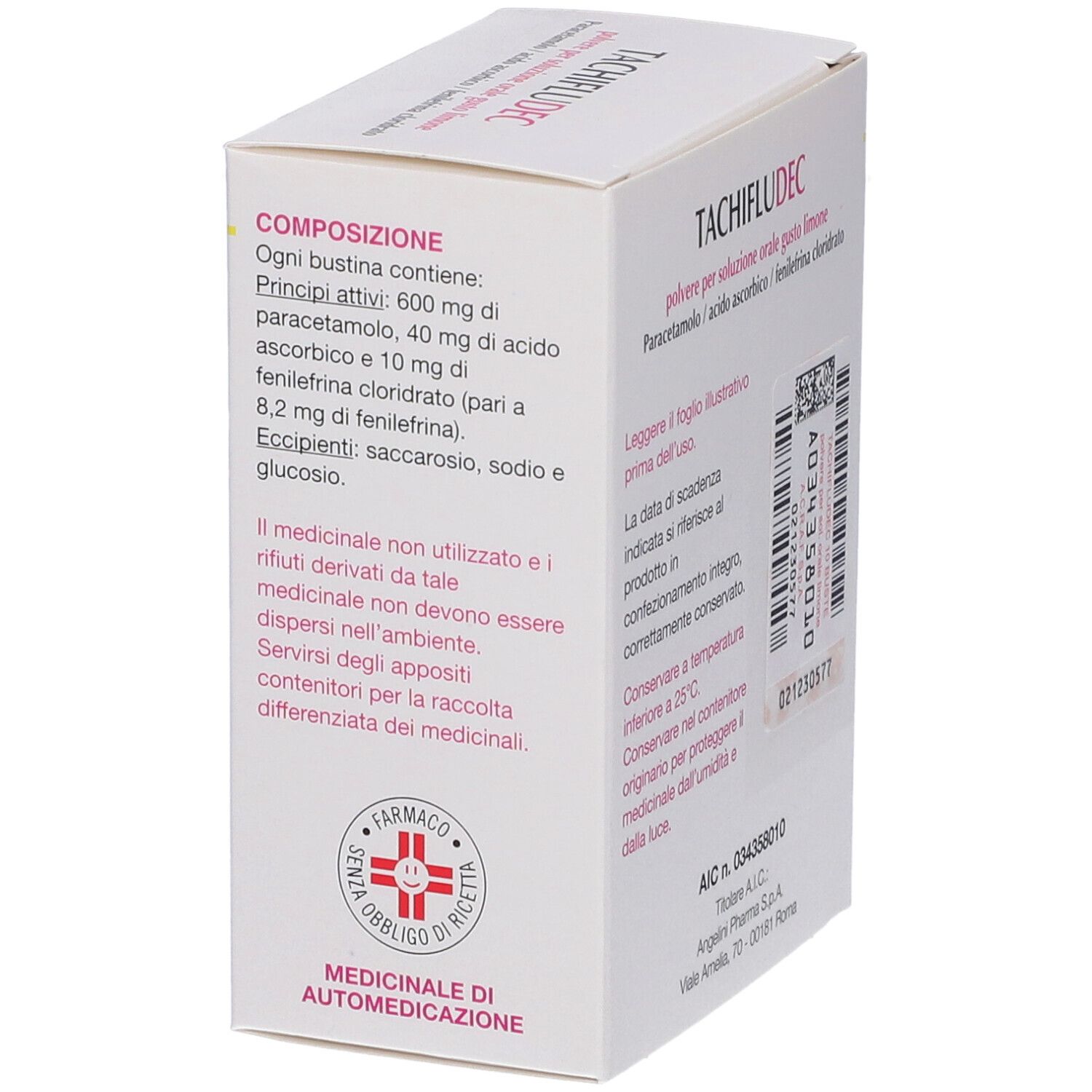 Lato della confezione di TACHIFLUDEC Gusto Limone. Scatola bianca con ingredienti e informazioni del produttore.