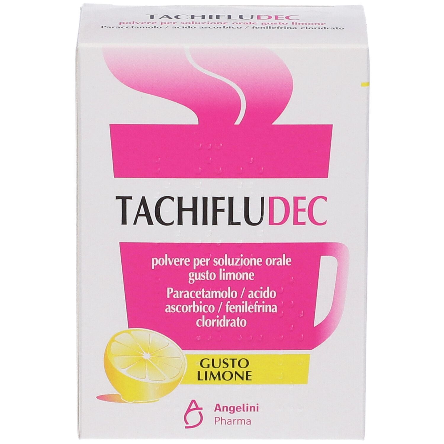 Scatola di TACHIFLUDEC Gusto Limone. Confezione bianca con nome del prodotto e immagine di limone.