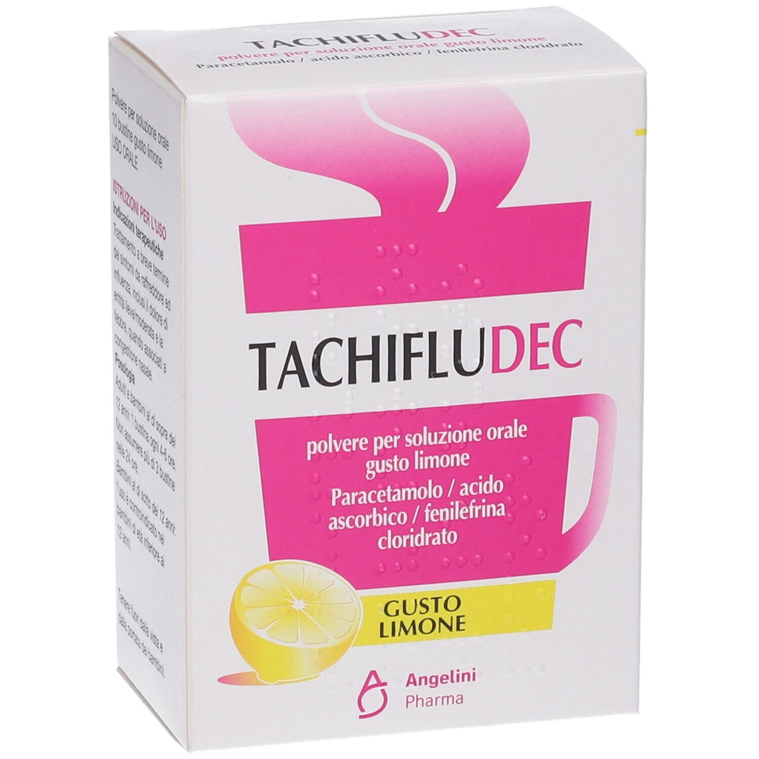 Scatola di TACHIFLUDEC Gusto Limone. Confezione bianca con nome del prodotto e immagine di limone.