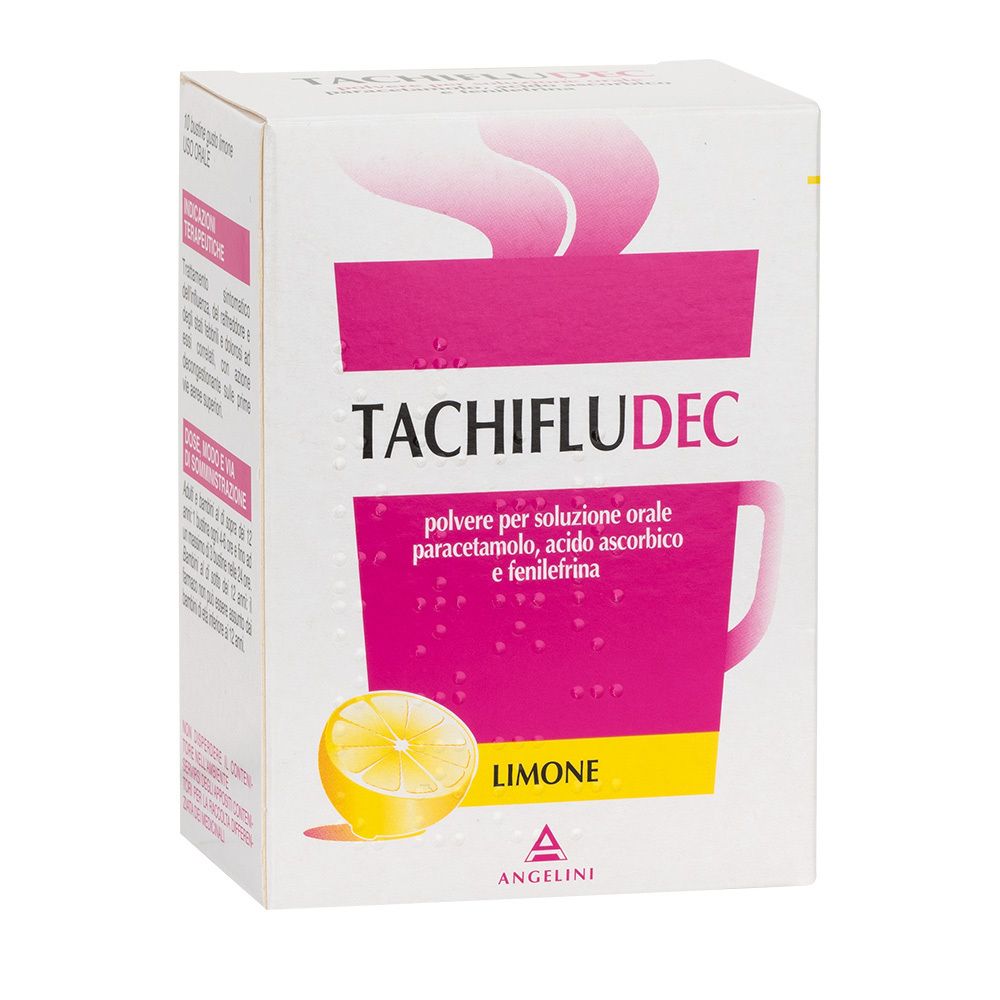 Scatola di TACHIFLUDEC Gusto Limone. Confezione bianca con elementi rosa, nome del prodotto e immagine di limone.