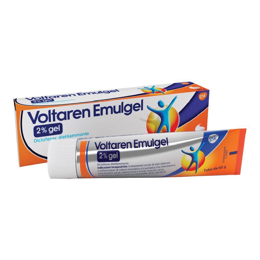 Tubo e scatola di Voltaren Emulgel 2% Gel. Scritta: Diclofenac dietilammonio. Confezione arancione e blu con logo.