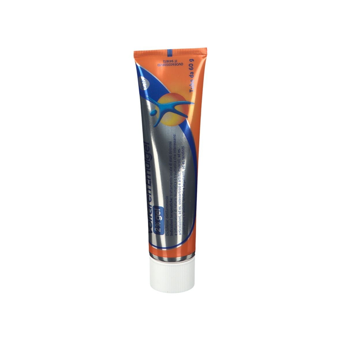 Tubo di Voltaren Emulgel 2% Gel. Tubo argentato con tappo bianco. Scritta: Diclofenac dietilammonio.