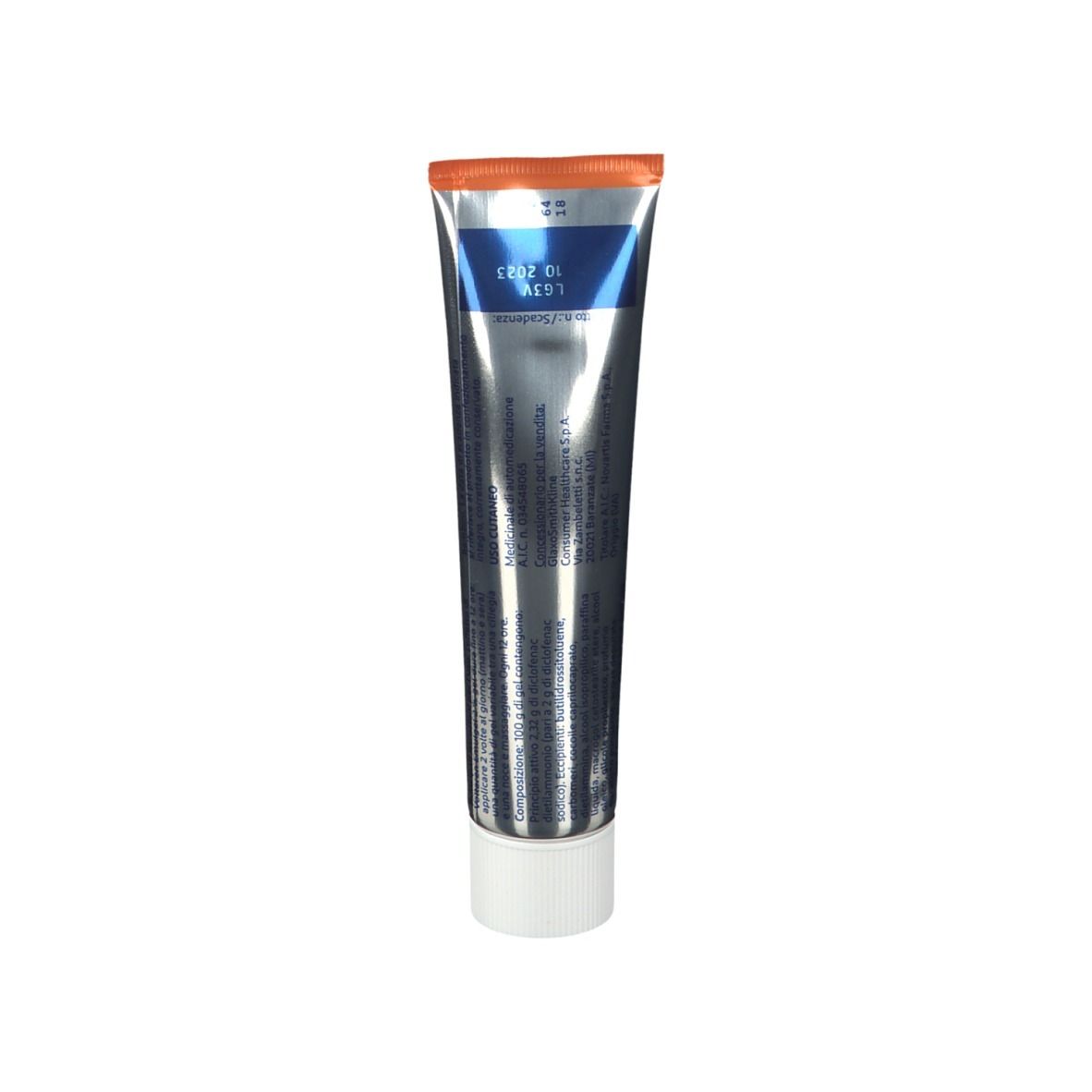 Retro del tubo di Voltaren Emulgel 2% Gel. Testo e numero di lotto. Tappo bianco.