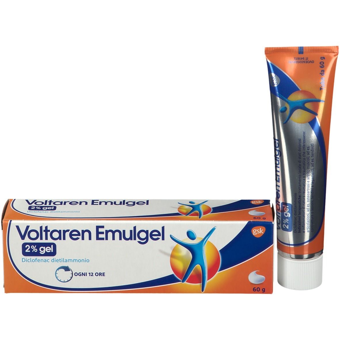 Tubo e scatola di Voltaren Emulgel 2% Gel. Scritta: Diclofenac dietilammonio. Confezione arancione e blu.