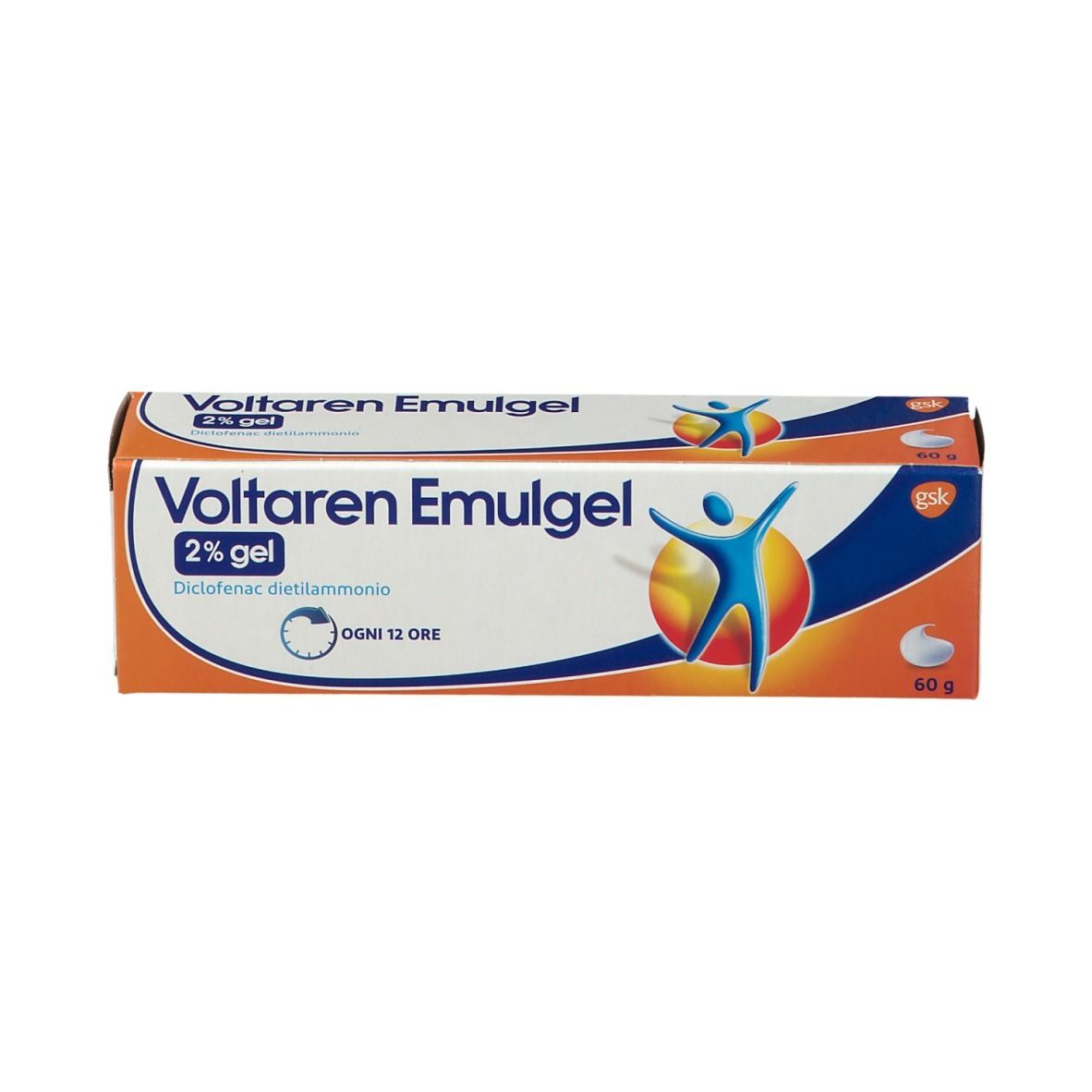 Scatola di Voltaren Emulgel 2% Gel. Scritta: Diclofenac dietilammonio. Confezione arancione e blu.