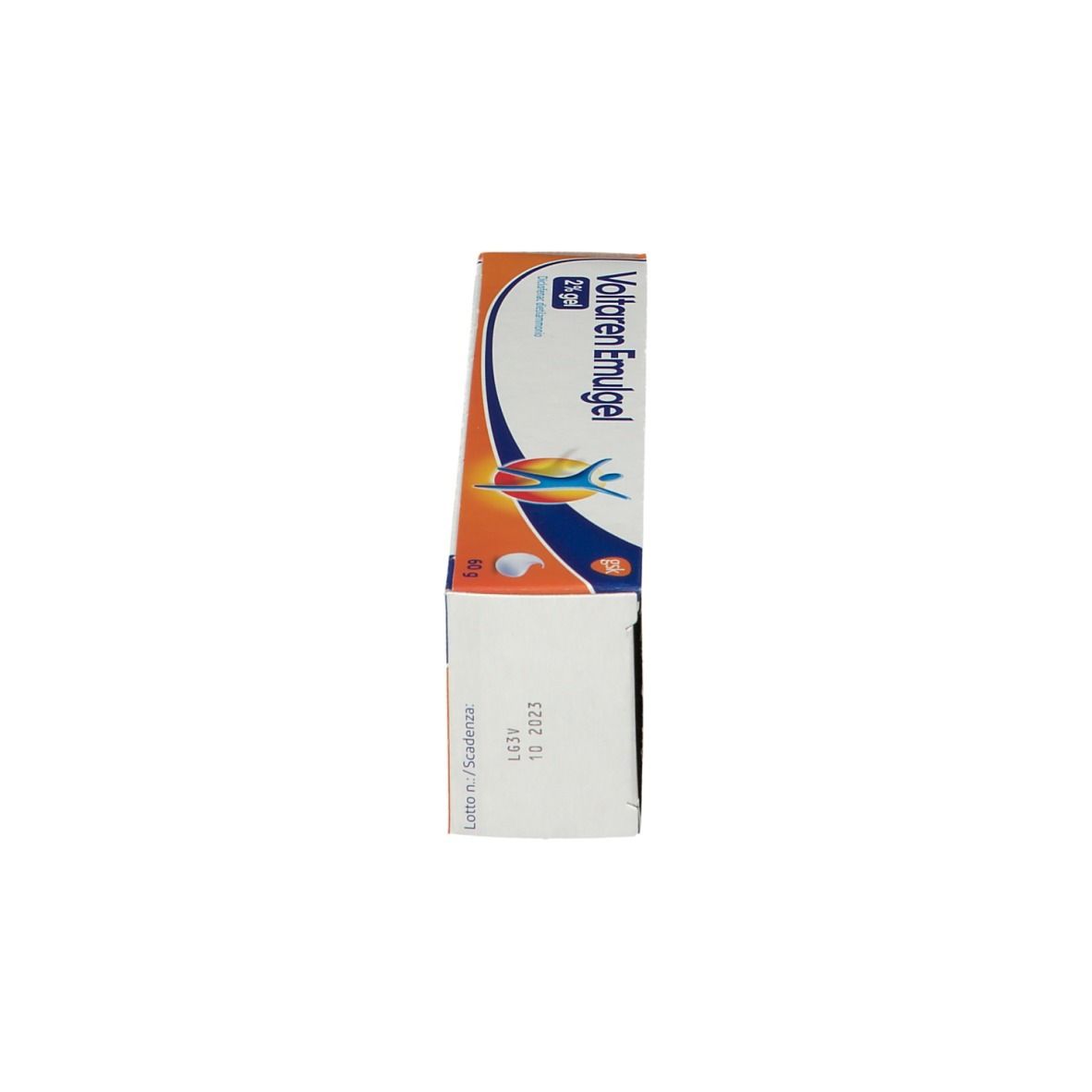 Scatola di Voltaren Emulgel 2% Gel. Vista laterale. Scritta: Diclofenac dietilammonio. Confezione arancione e blu.
