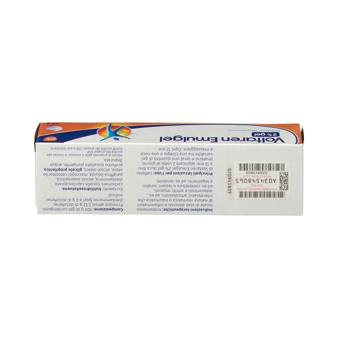 Retro della scatola di Voltaren Emulgel 2% Gel. Testo e codice a barre. Confezione arancione e blu.