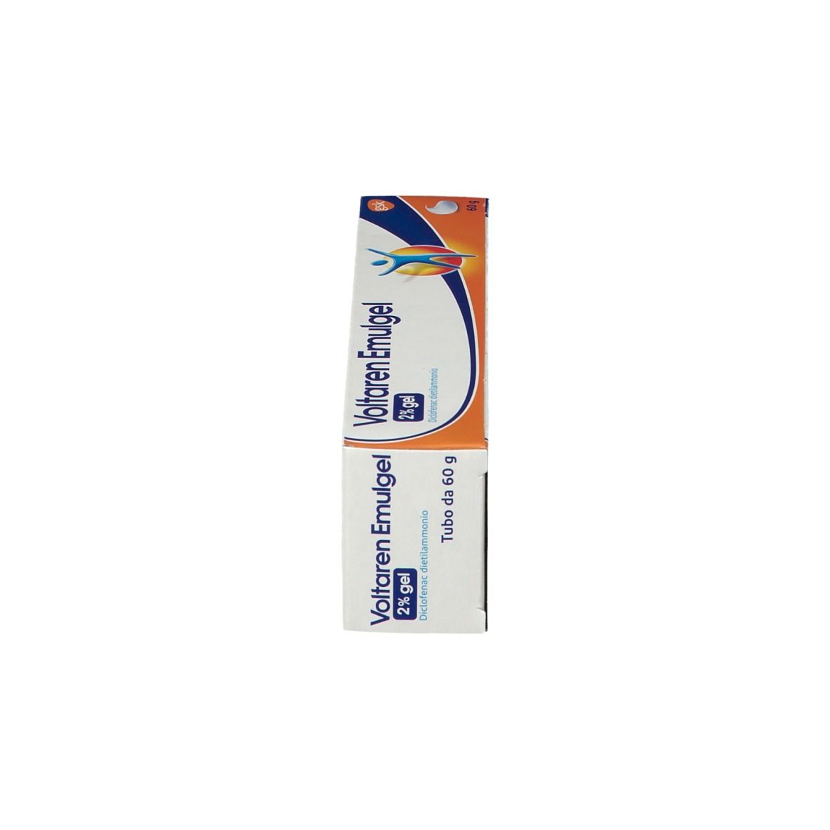Scatola e tubo di Voltaren Emulgel 2% Gel. Scritta: Diclofenac dietilammonio. Confezione arancione e blu.