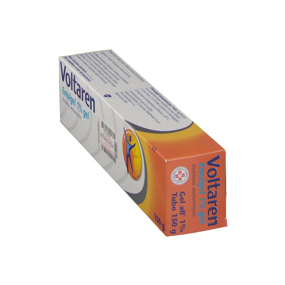 Confezione in cartone con nome e logo del prodotto. Design arancione e bianco. Testo: Voltaren Emulgel 1% gel, 150 g.