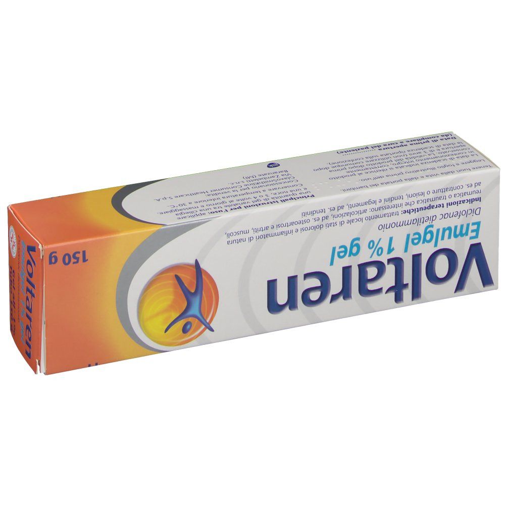 Confezione in cartone, arancione e bianca. Nome e logo del prodotto visibili. Testo: Voltaren Emulgel 1% gel, 150 g.