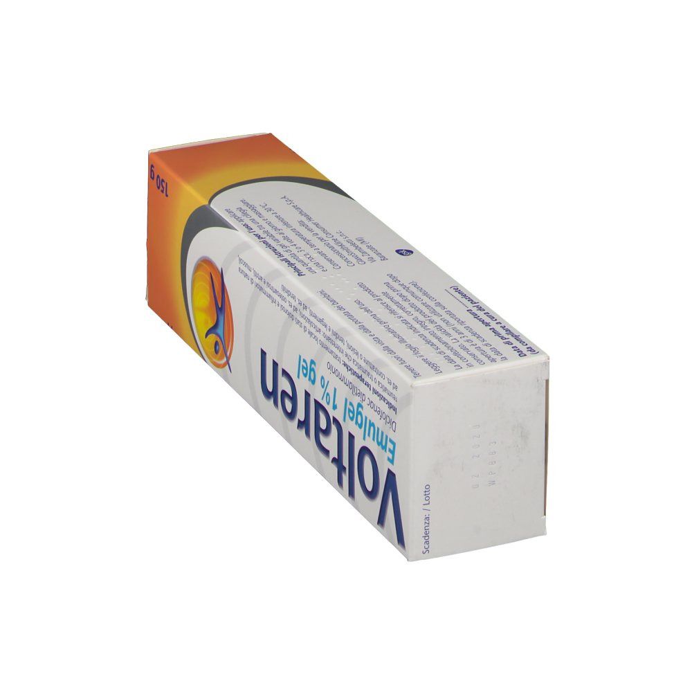 Vista obliqua di una confezione in cartone. Design arancione e bianco. Nome e logo del prodotto visibili. Testo: Voltaren Emulgel 1% gel, 150 g.