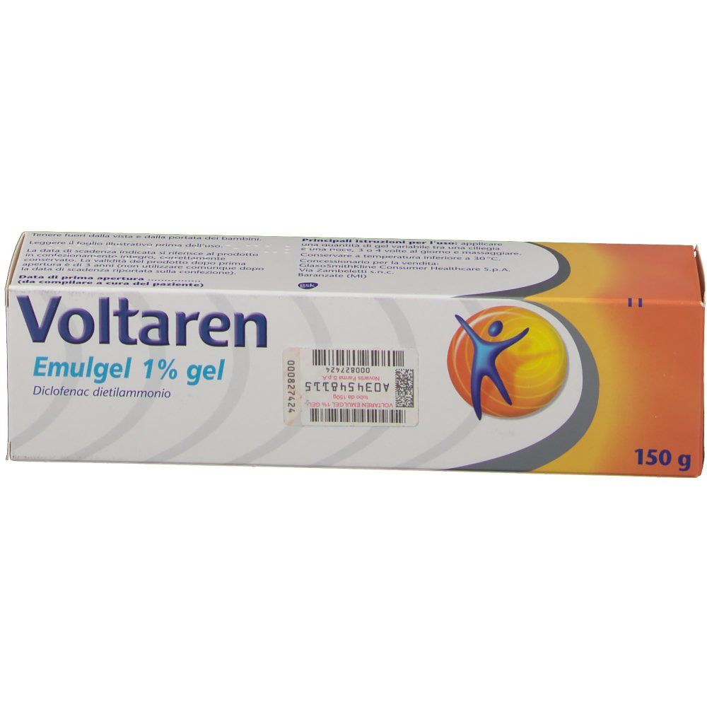 Confezione in cartone con nome e logo del prodotto. Design arancione e bianco. Testo: Voltaren Emulgel 1% gel, 150 g.