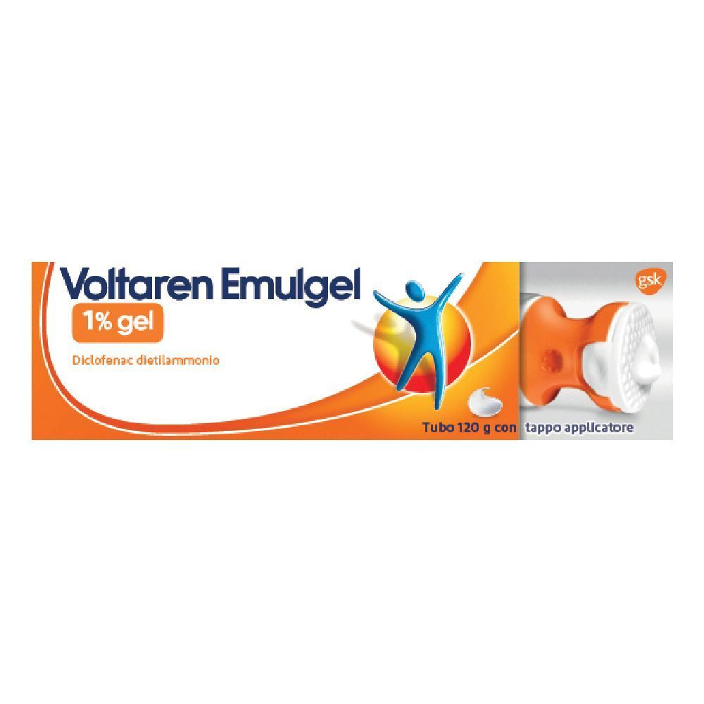 Tubo di Voltaren Emulgel 1% gel con applicatore. Design arancione e bianco, logo e nome del prodotto visibili.