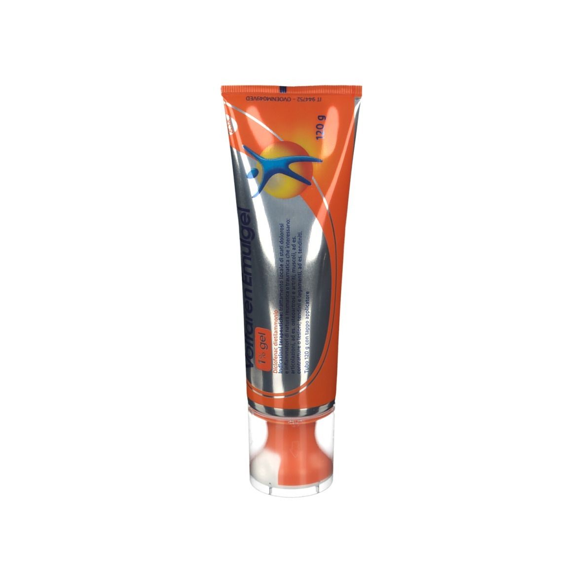 Tubo di Voltaren Emulgel con applicatore. Design arancione e argento. Nome del prodotto e 1% gel visibili.