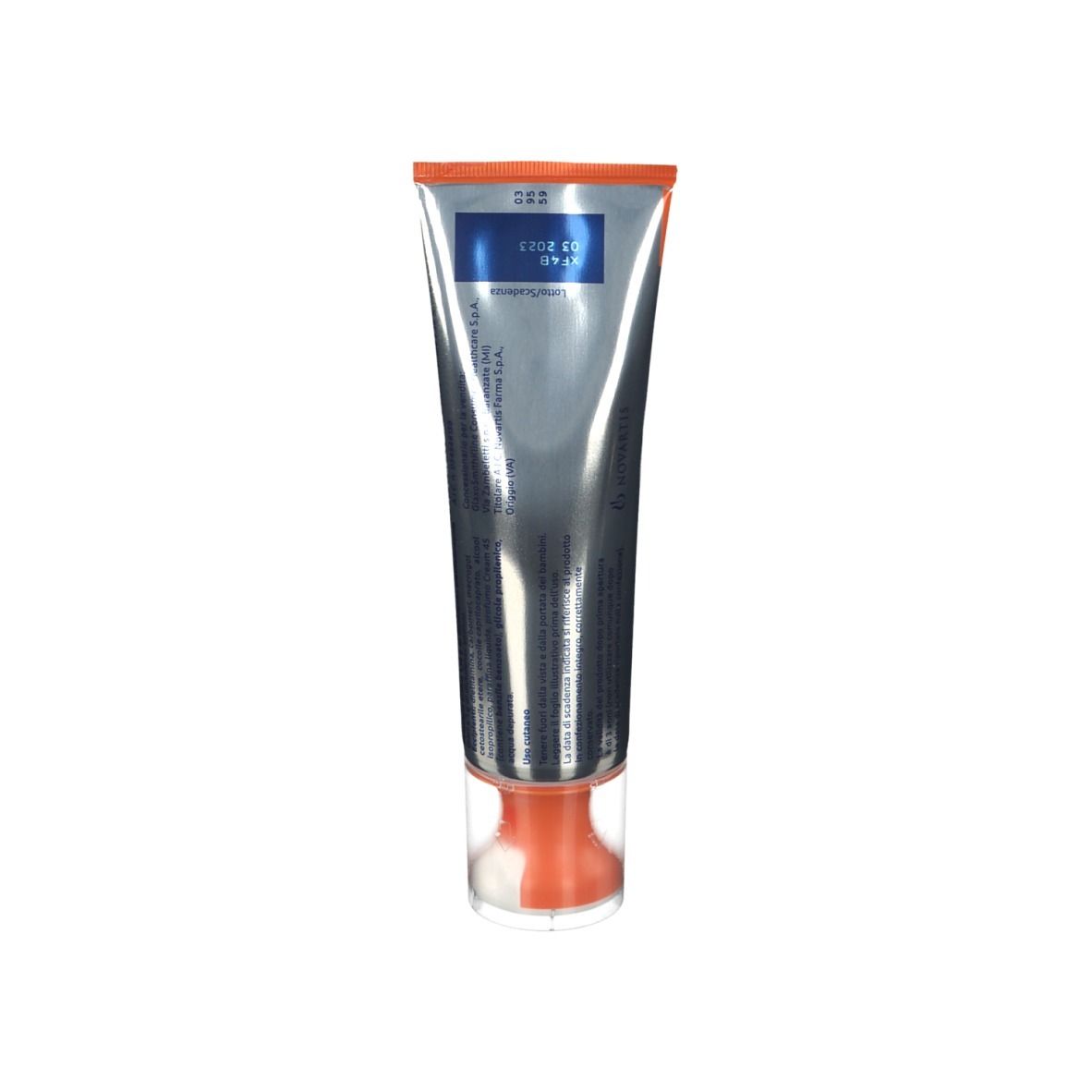 Retro del tubo di Voltaren Emulgel con applicatore. Testo e date su sfondo argentato.