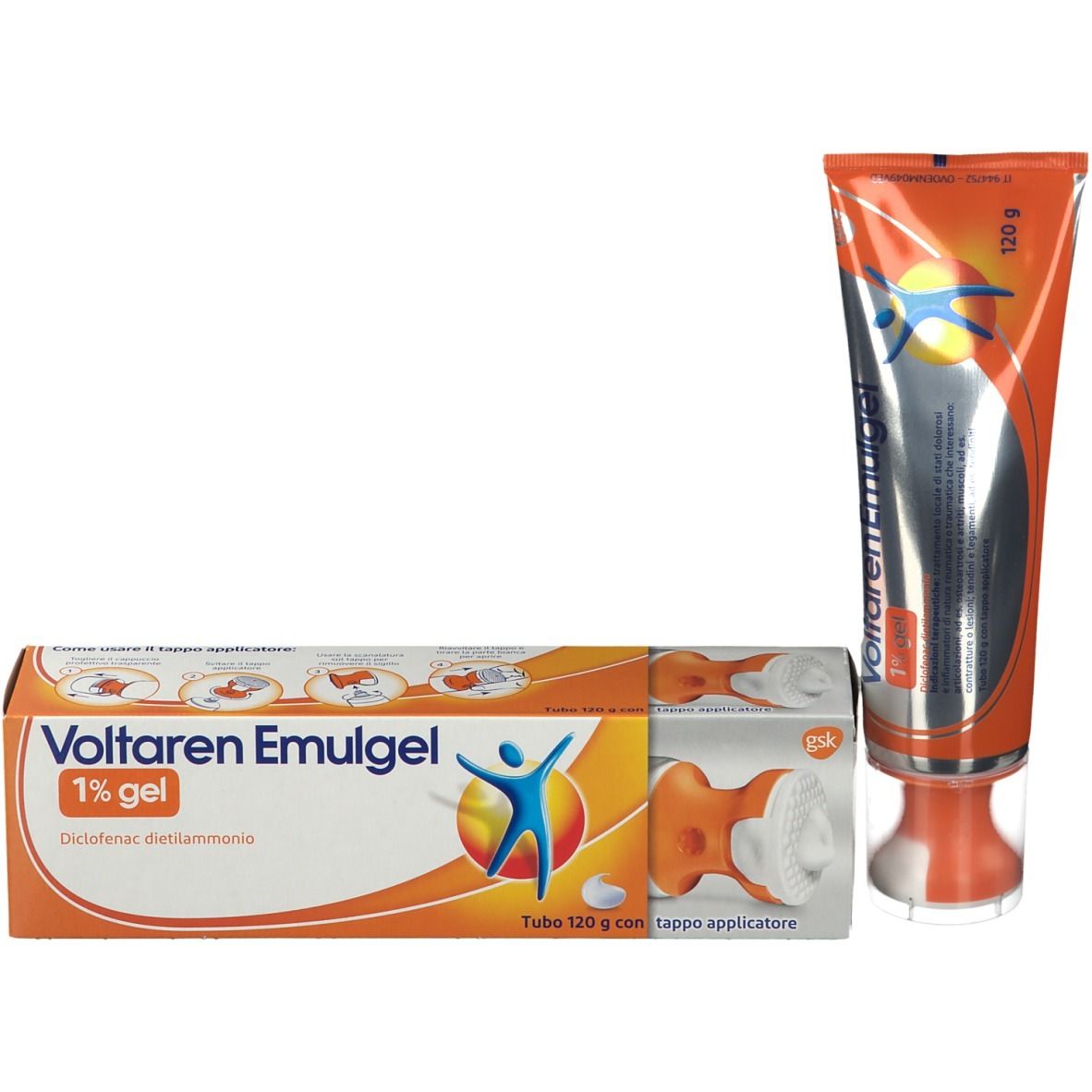 Tubo e confezione di Voltaren Emulgel. Design arancione e bianco. Nome del prodotto, applicatore e 1% gel.