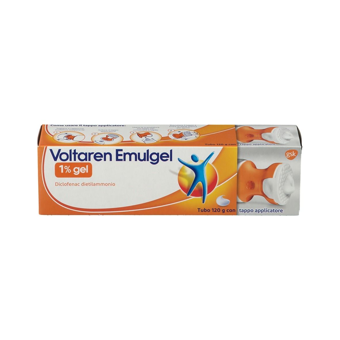 Confezione di Voltaren Emulgel. Design arancione e bianco. Nome del prodotto, applicatore e 1% gel.