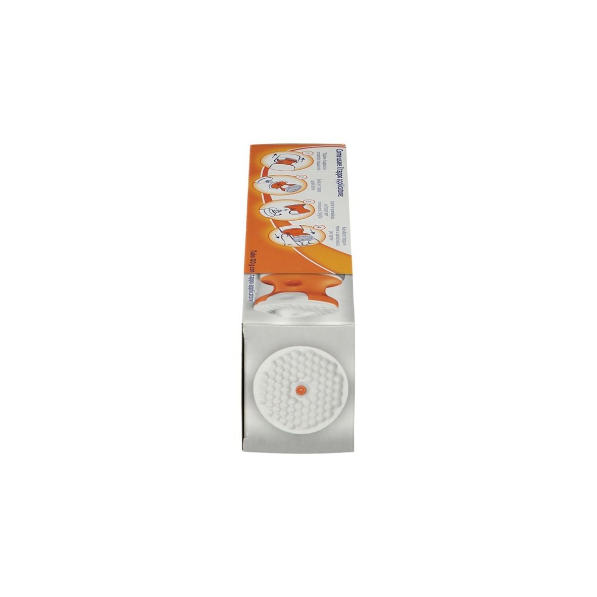 Confezione di Voltaren Emulgel. Design arancione e bianco. Istruzioni per l'applicatore.