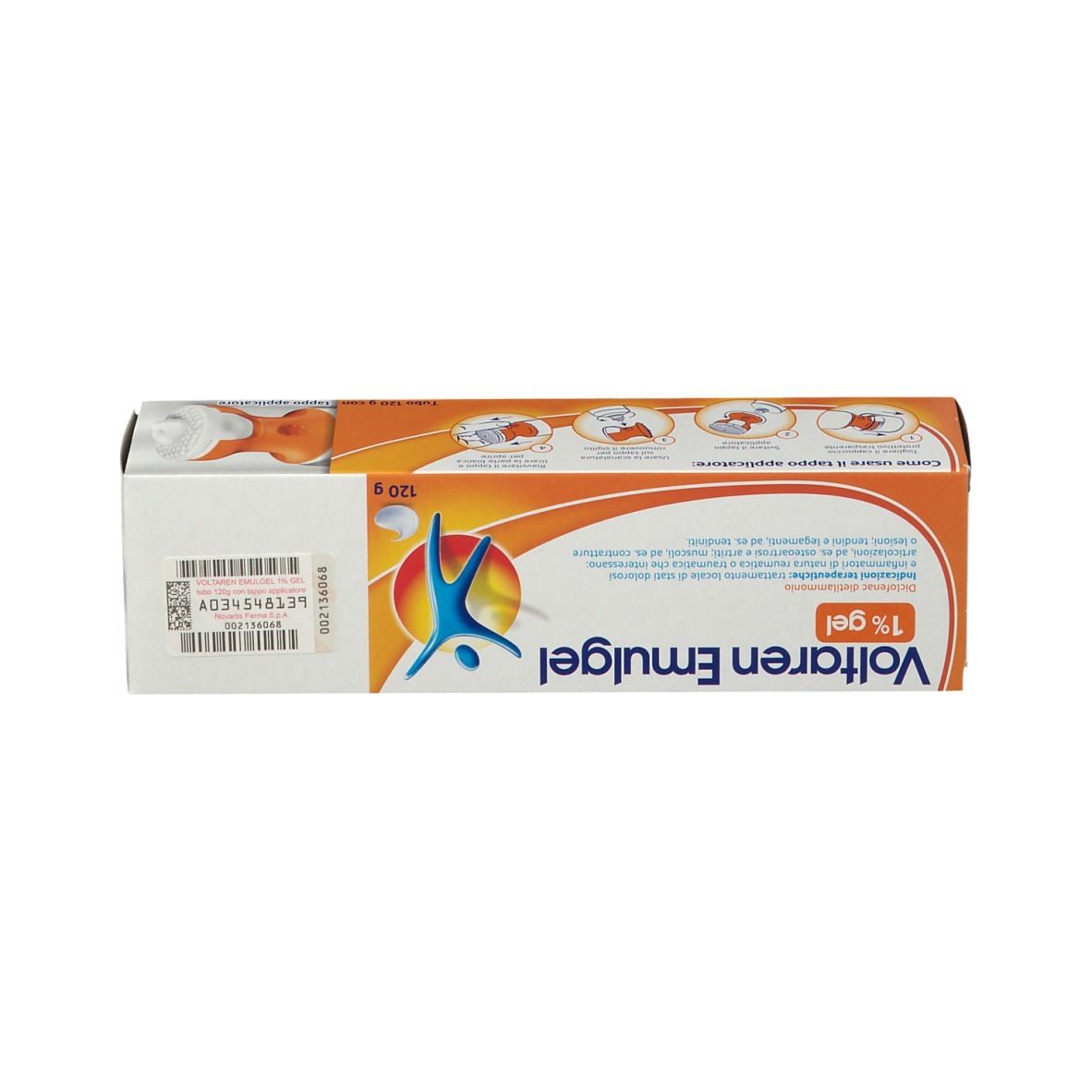Confezione di Voltaren Emulgel. Design arancione e bianco. Nome del prodotto e 1% gel.