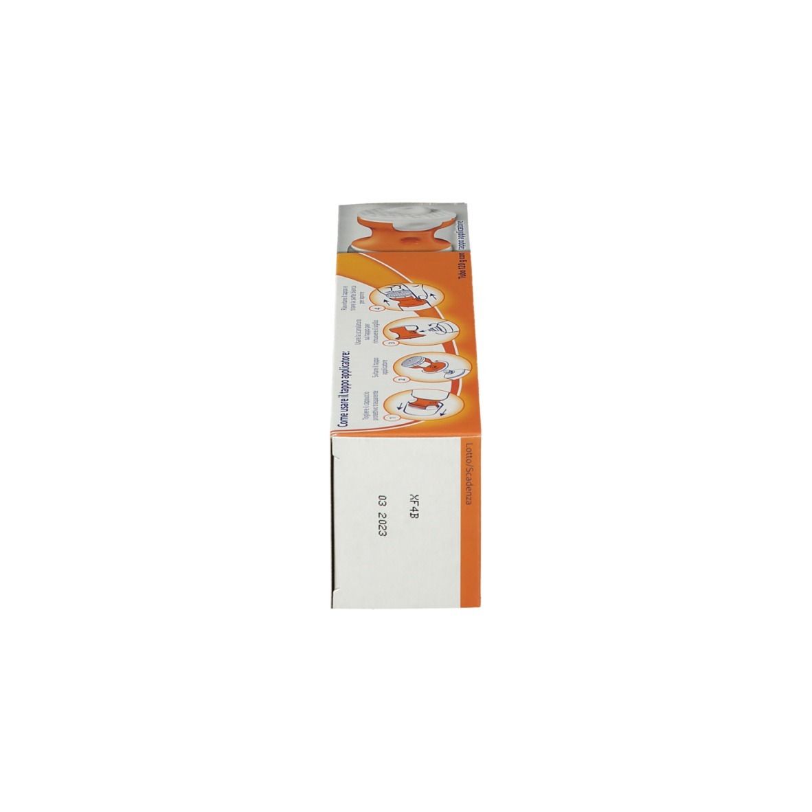 Confezione di Voltaren Emulgel. Design arancione e bianco. Date.