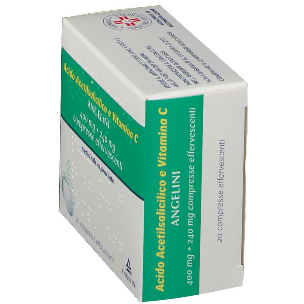 Scatola bianca e verde. Scritta: Acido Acetilsalicilico e Vitamina C, 20 compresse effervescenti. Marchio: Angelini.