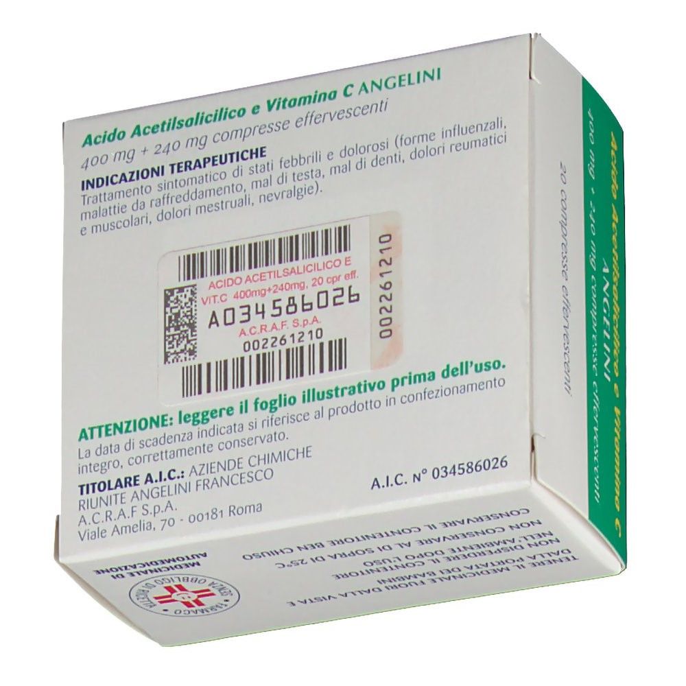 Retro della scatola. Testo: Acido Acetilsalicilico e Vitamina C. Informazioni su dosaggio, uso e produttore. Con codice a barre.