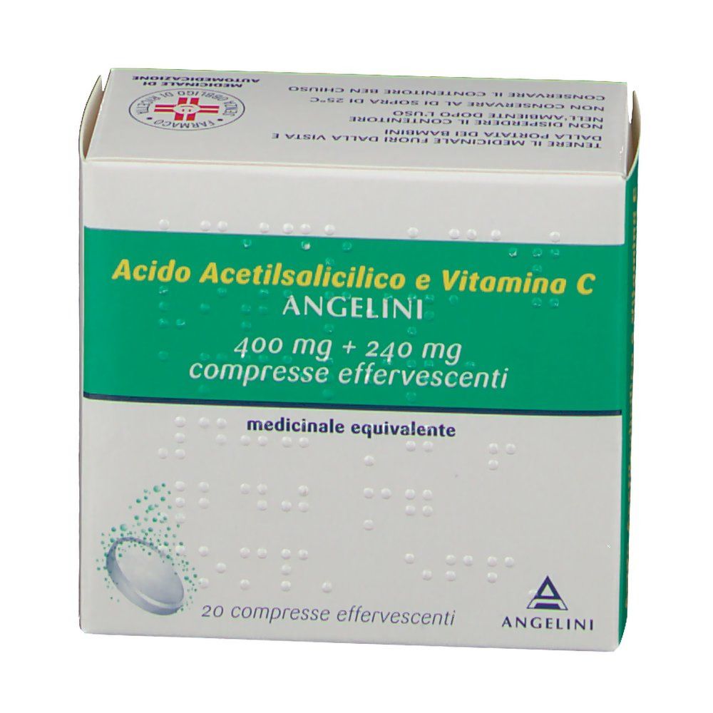 Fronte della scatola. Testo: Acido Acetilsalicilico e Vitamina C, 20 compresse effervescenti. Marchio: Angelini. Striscia verde.