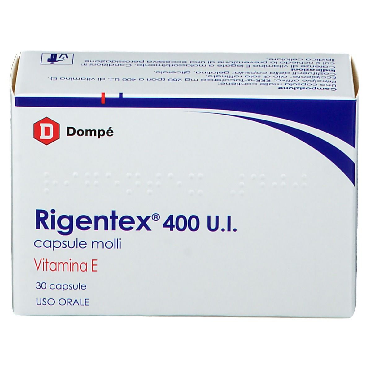 Scatola bianca con elementi blu. Scritto: Rigentex 400 U.I. capsule molli, 30 capsule, Vitamina E. Logo Dompé.