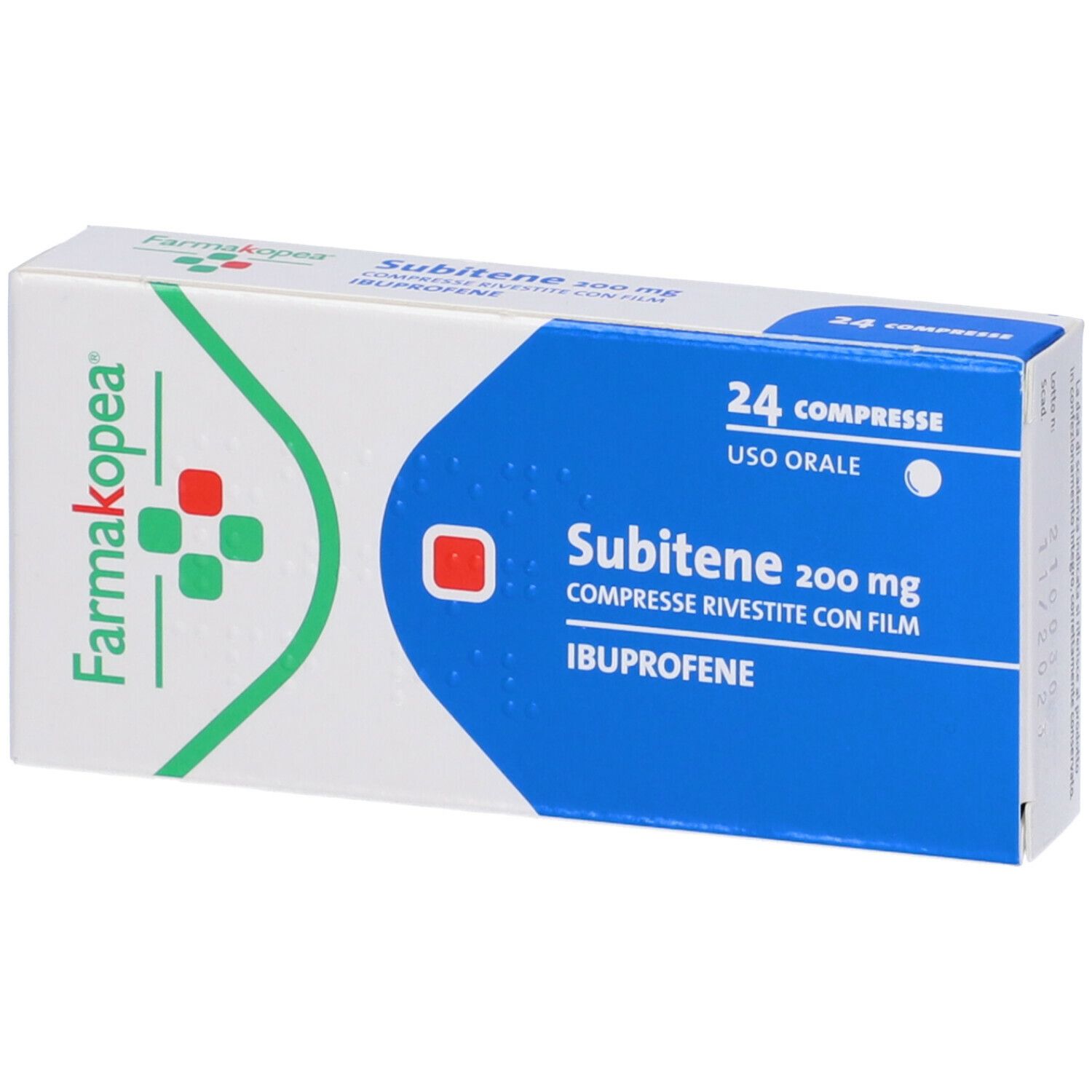 Scatola di compresse 'Subitene 200 mg'. Confezione blu e bianca con logo e testo. 24 compresse.