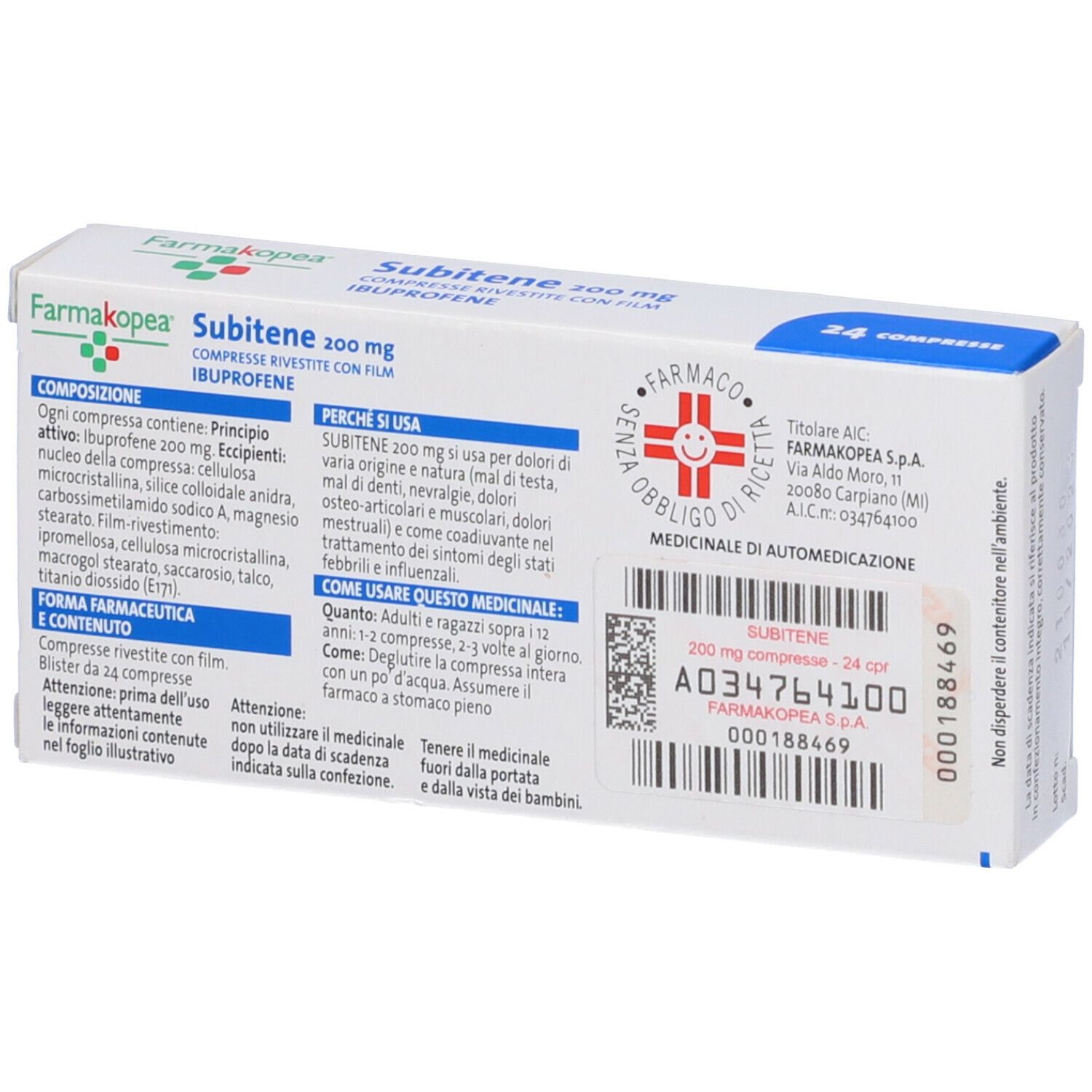 Retro della scatola 'Subitene 200 mg'. Testo e logo. 24 compresse. Informazioni sull'uso.