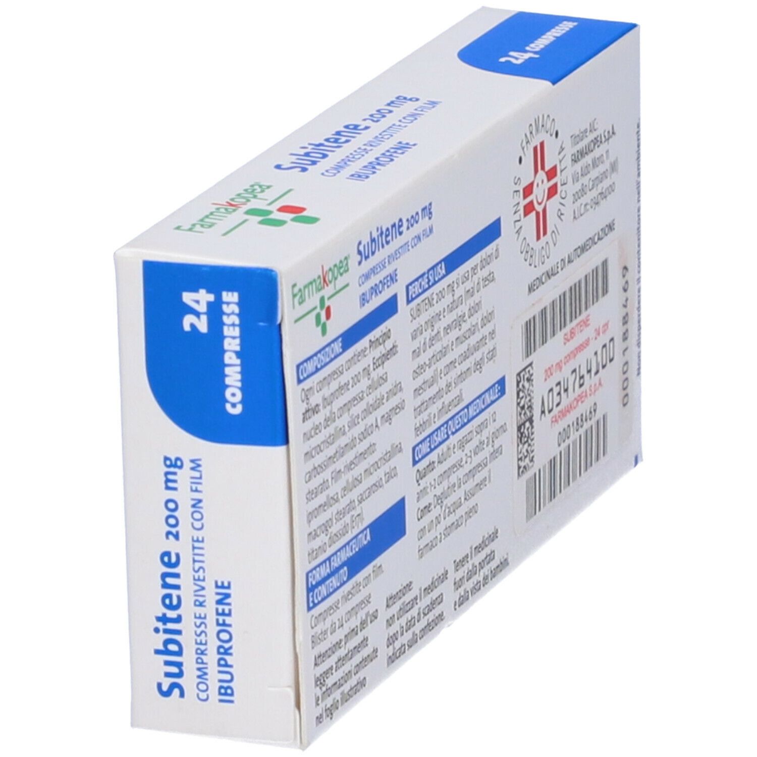 Scatola 'Subitene 200 mg' in prospettiva. Testo e logo. 24 compresse. Informazioni sull'uso.