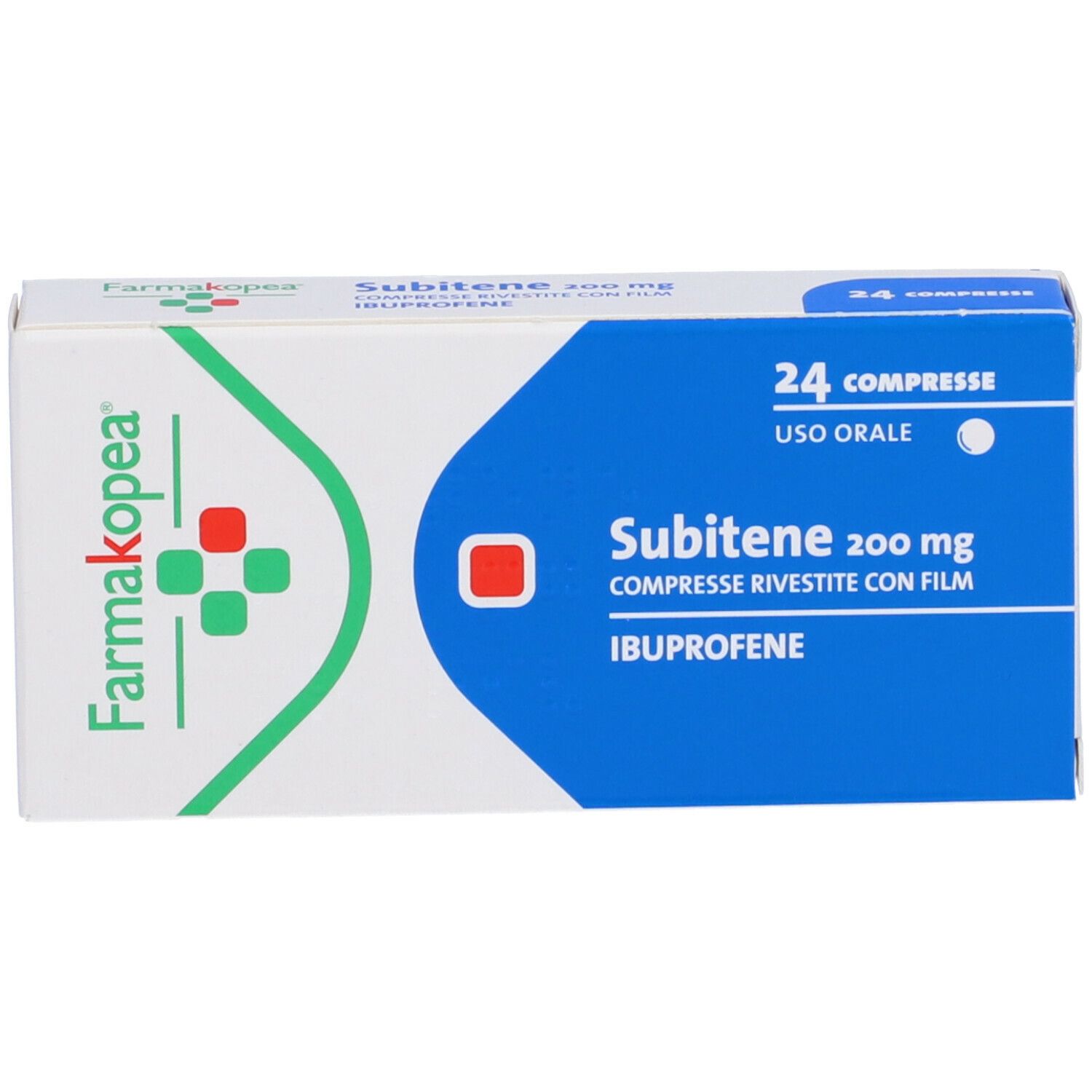 Scatola 'Subitene 200 mg'. Confezione blu e bianca con logo e testo. 24 compresse.