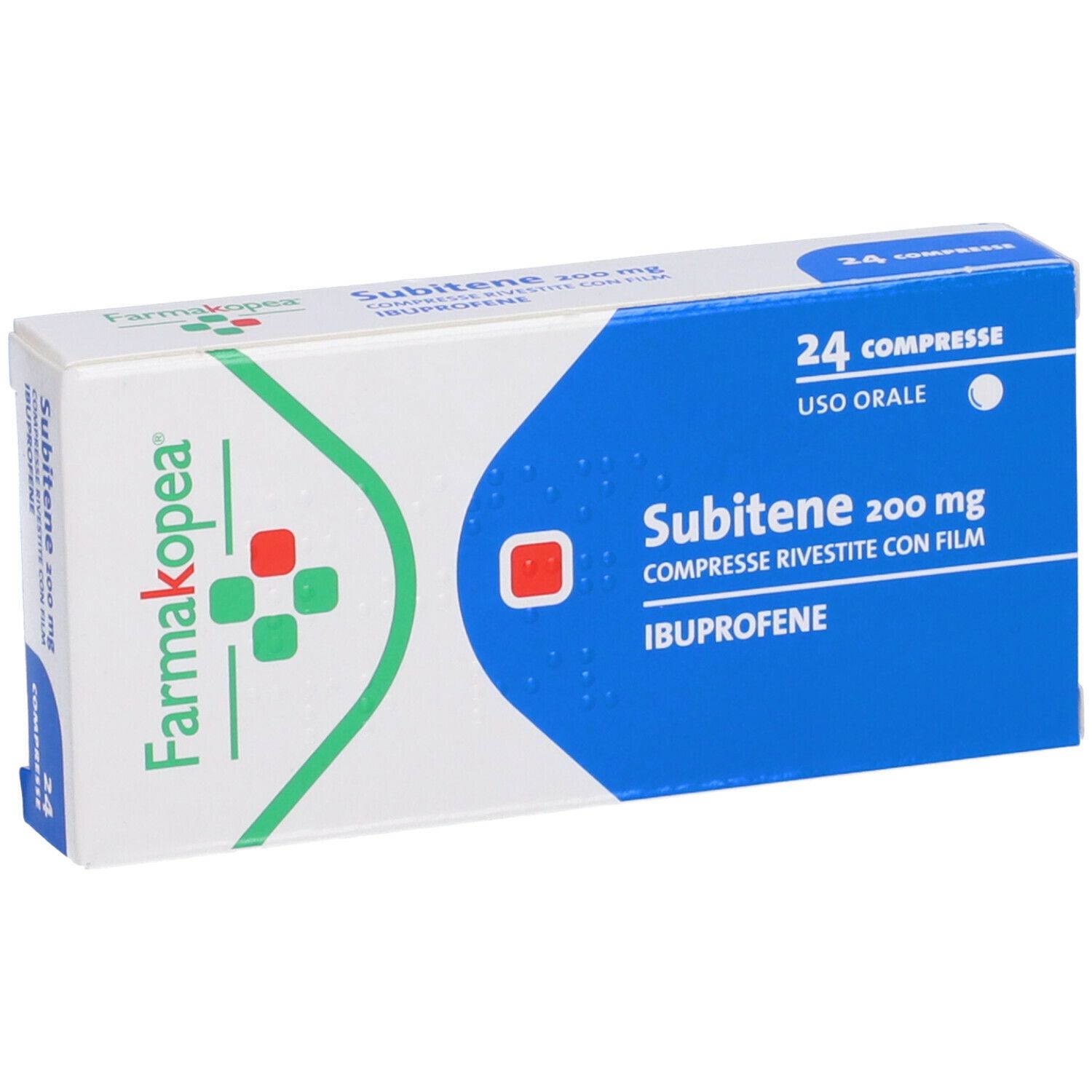 Scatola 'Subitene 200 mg'. Confezione blu e bianca con logo e testo. 24 compresse.