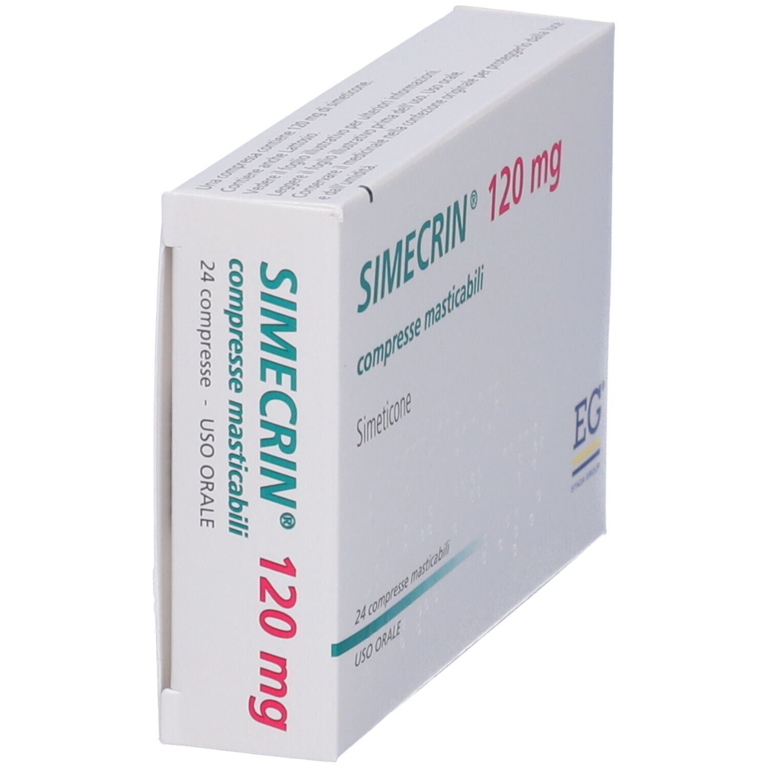 Scatola SIMECRIN® 120 mg, compresse masticabili. Scritto: 24 compresse, USO ORALE. Logo EG. Vista prospettica.