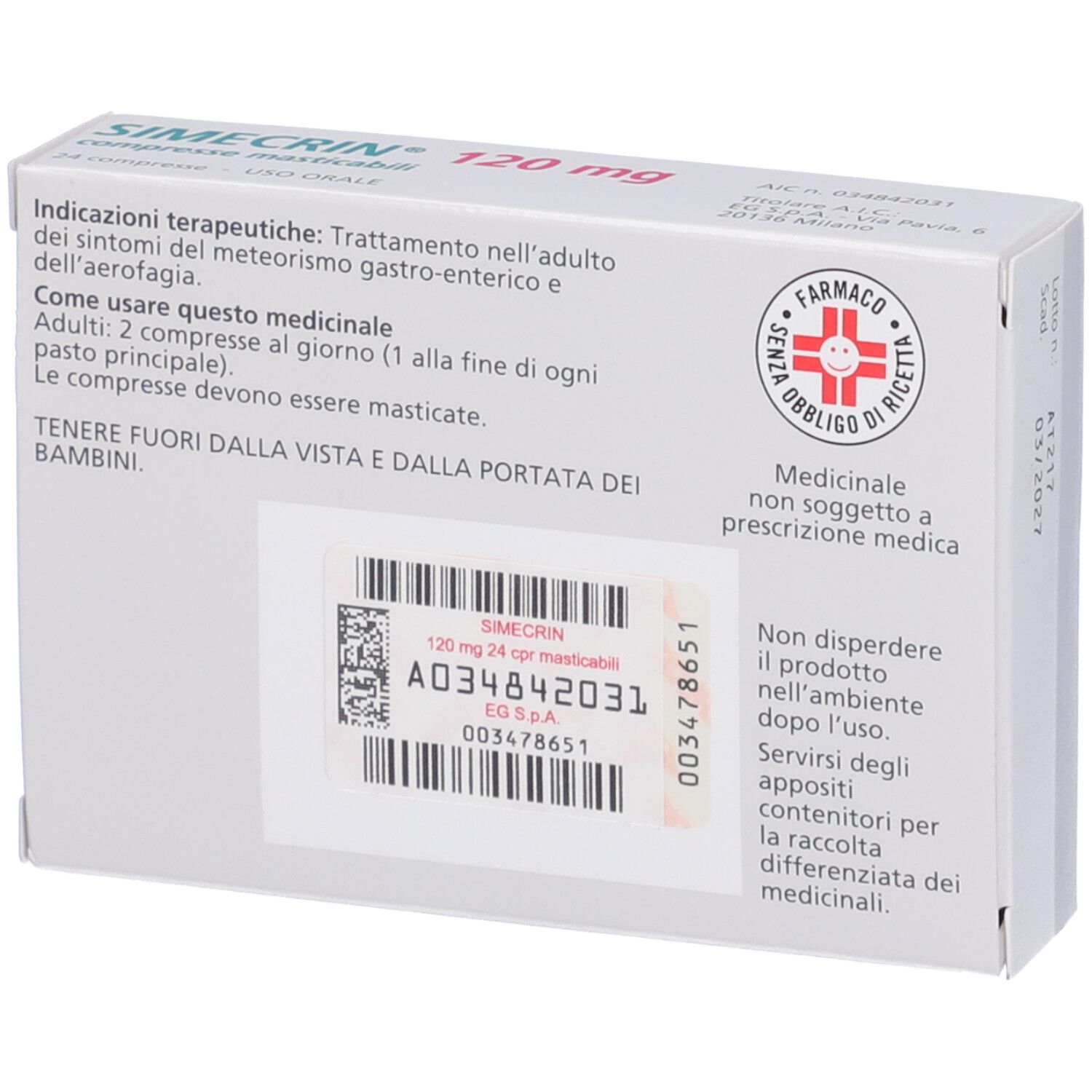 Retro della scatola SIMECRIN® 120 mg. Testo: indicazioni, istruzioni per l'uso, avvertenze. Codice a barre e logo. Scritto: Farmaco senza obbligo di ricetta.
