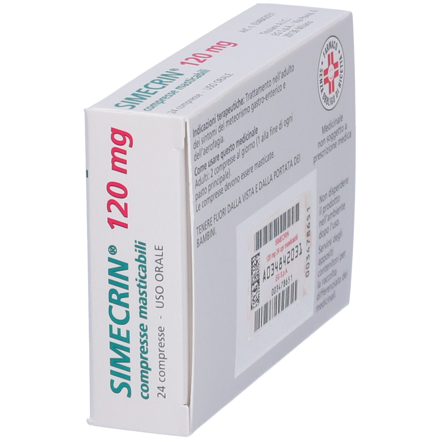 Scatola SIMECRIN® 120 mg, compresse masticabili. Scritto: 24 compresse, USO ORALE. Logo EG. Vista prospettica.