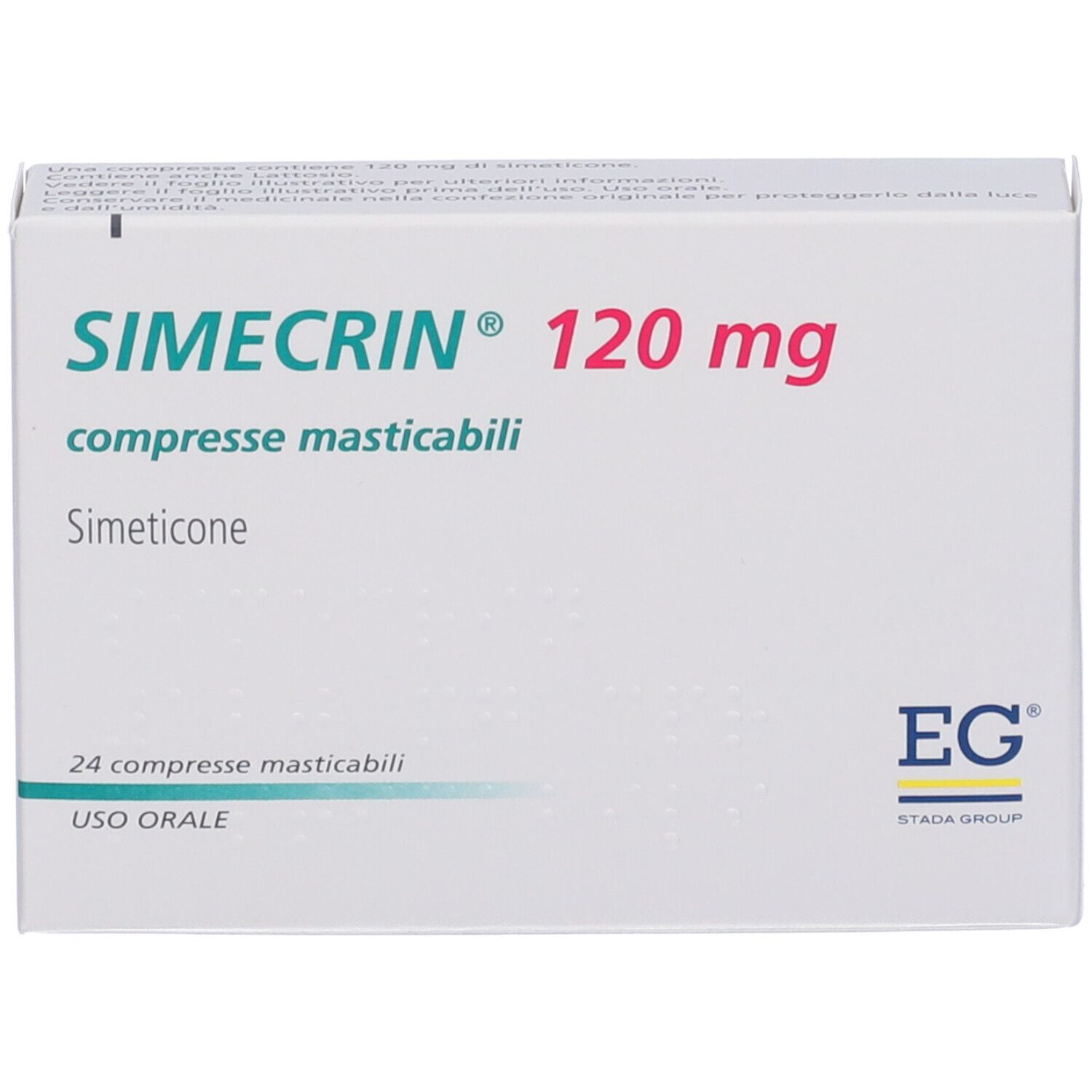 Scatola di SIMECRIN® 120 mg compresse masticabili. Scritto: compresse masticabili, 24 compresse, USO ORALE. Logo EG.
