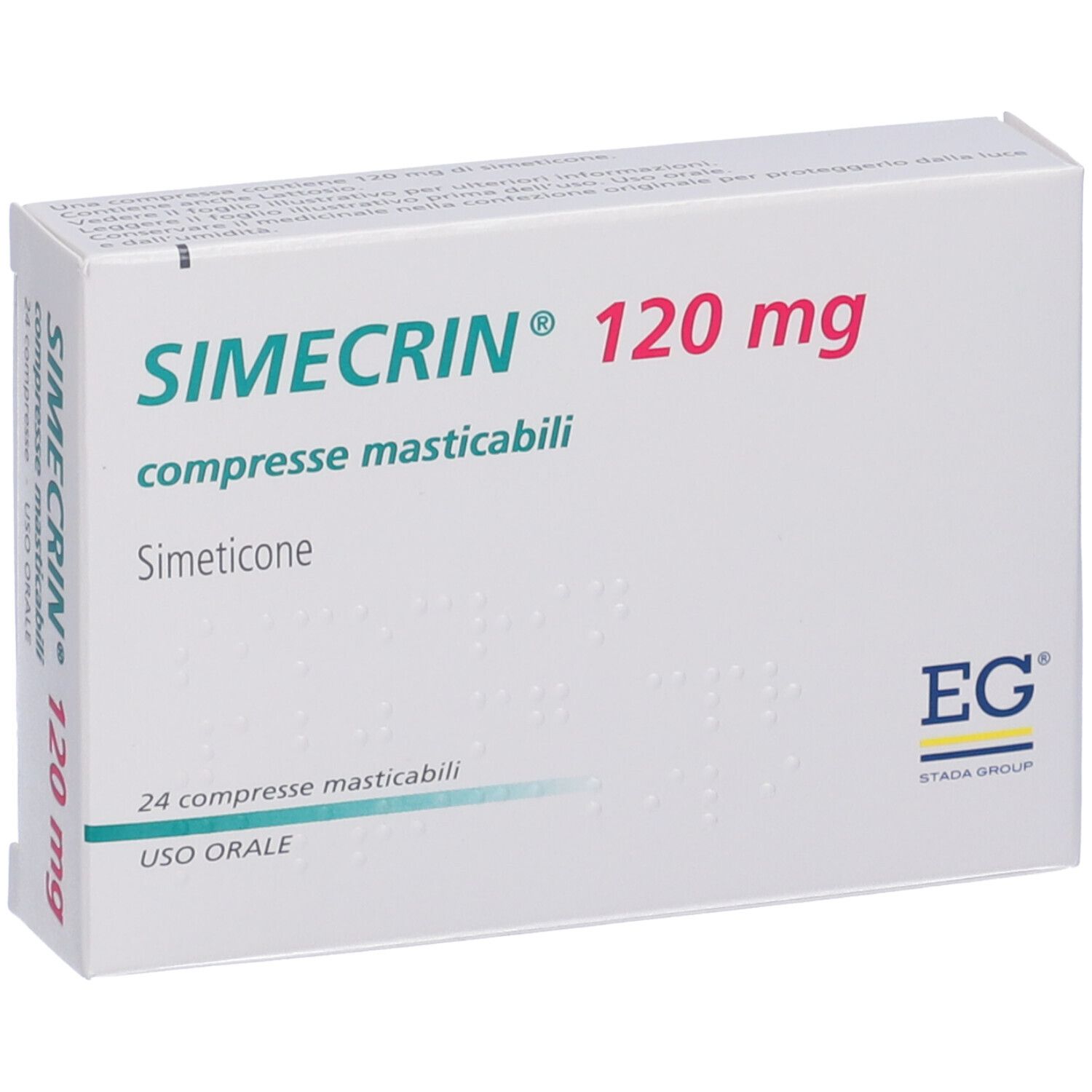 Scatola di SIMECRIN® 120 mg compresse masticabili. Scritto: compresse masticabili, 24 compresse, USO ORALE. Logo EG.