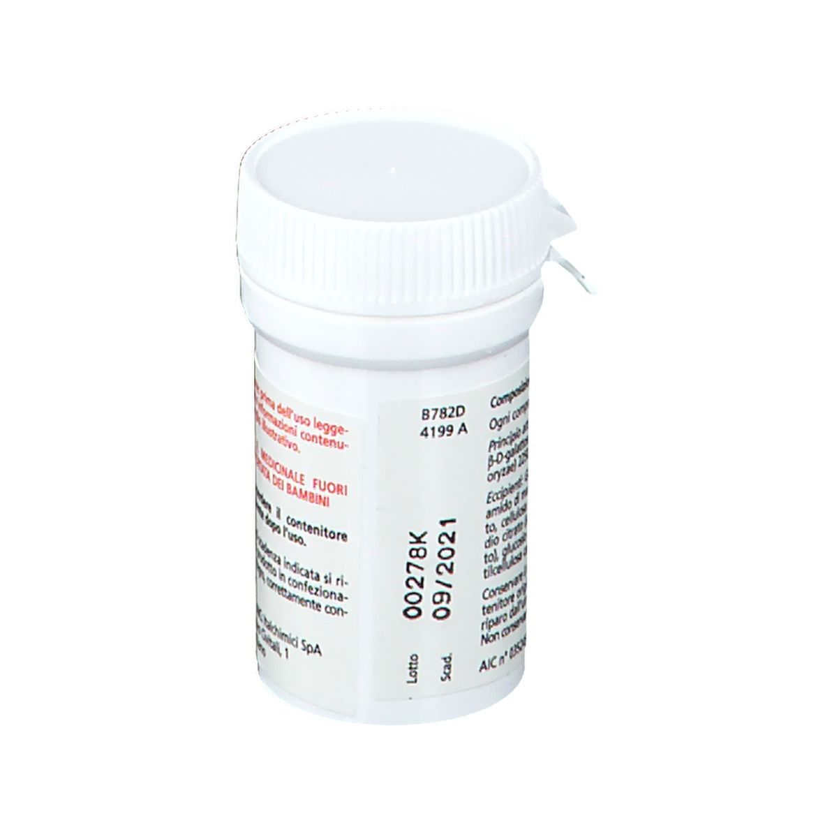 Flacone bianco con etichetta blu. Scritta: Lacdigest Tilattasi 2250 unità, 50 compresse. Marchio: Italmichimi.