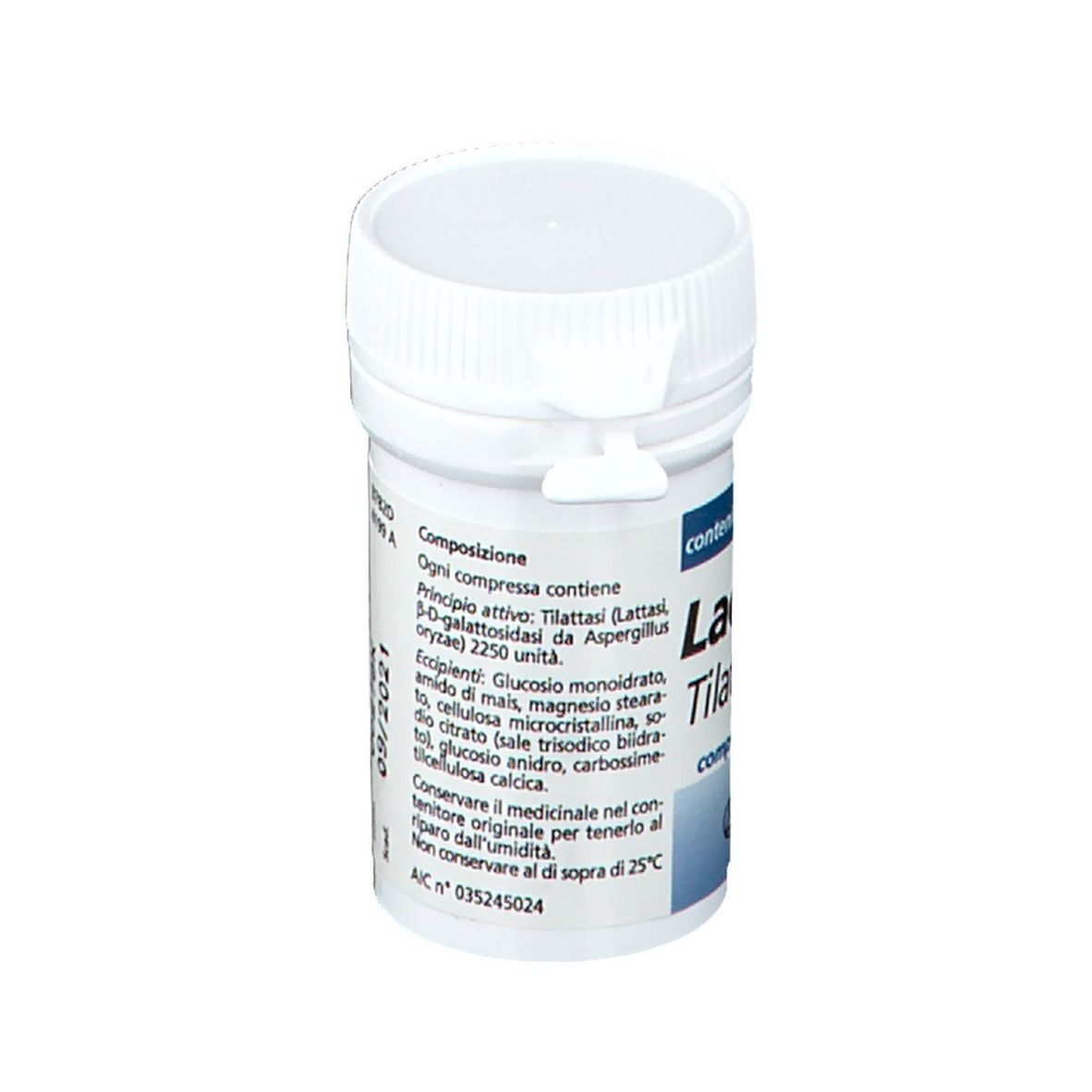 Flacone bianco con etichetta blu. Scritta: Lacdigest Tilattasi 2250 unità, 50 compresse. Marchio: Italmichimi.