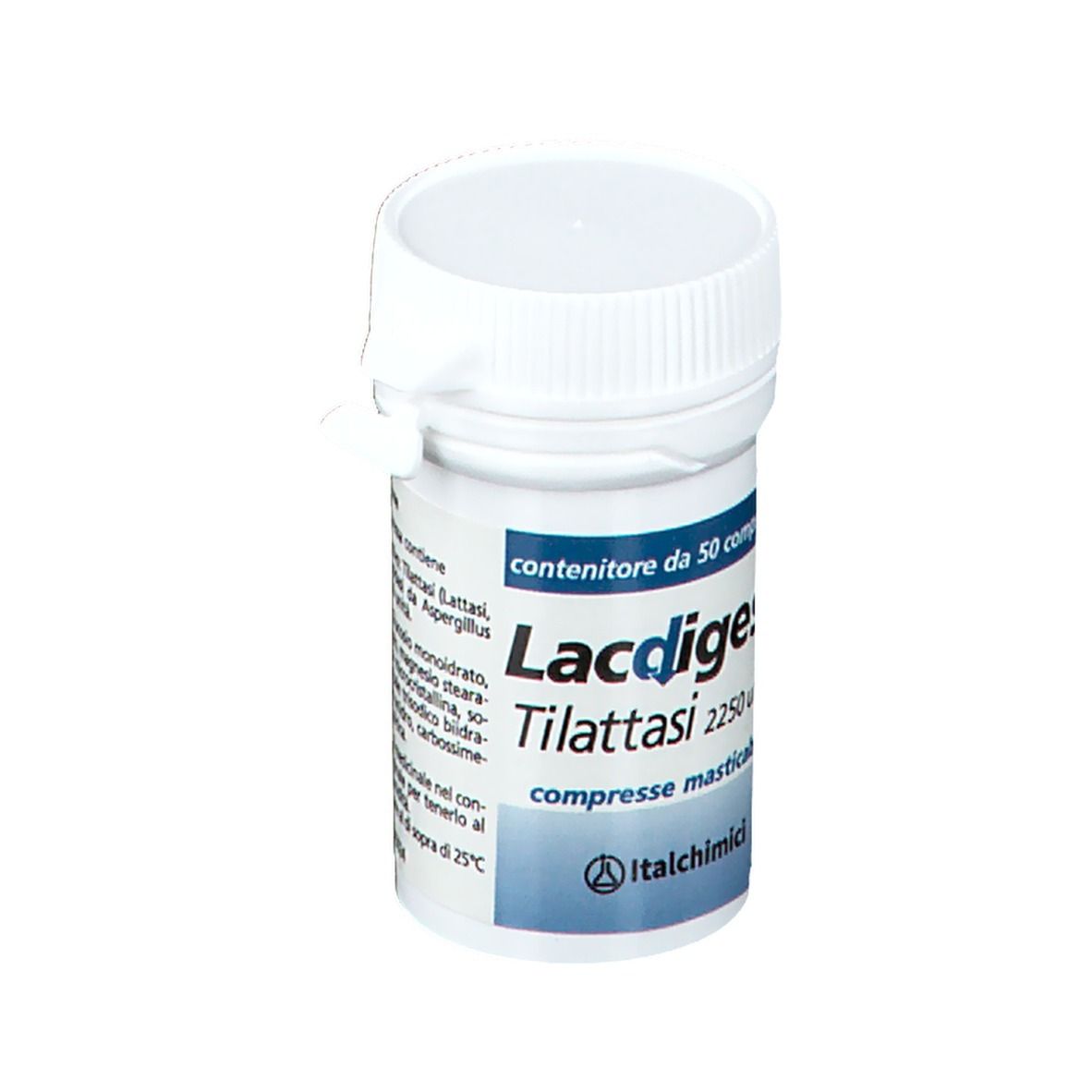 Flacone bianco con etichetta blu. Scritta: Lacdigest Tilattasi 2250 unità, 50 compresse. Marchio: Italmichimi.