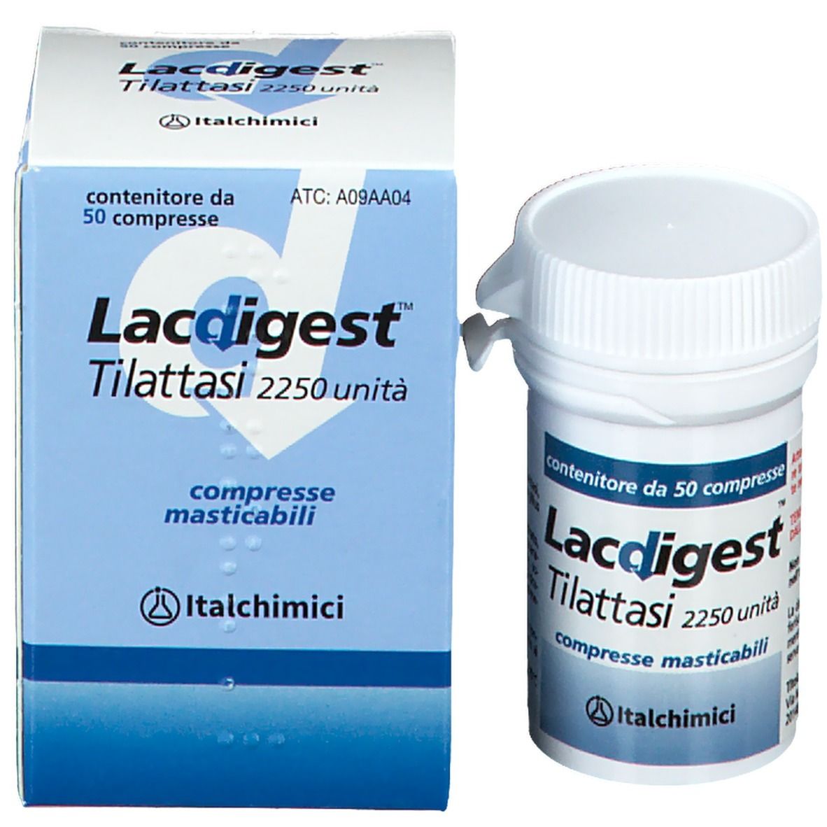 Confezione e flacone di compresse. Scritta: Lacdigest Tilattasi 2250 unità, 50 compresse. Marchio: Italmichimi.