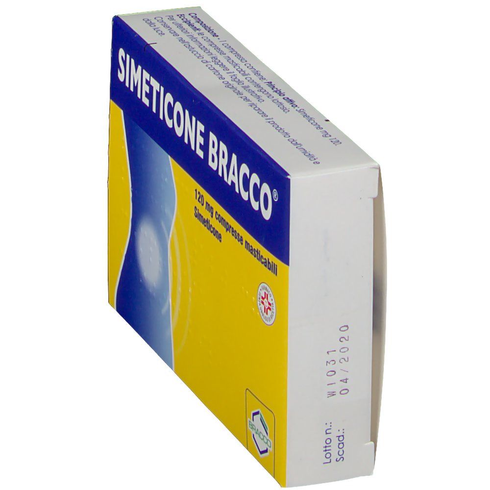 Scatola SIMETICONE BRACCO®. Confezione blu e gialla. Testo: compresse masticabili 120 mg. Scadenza 04/2020.