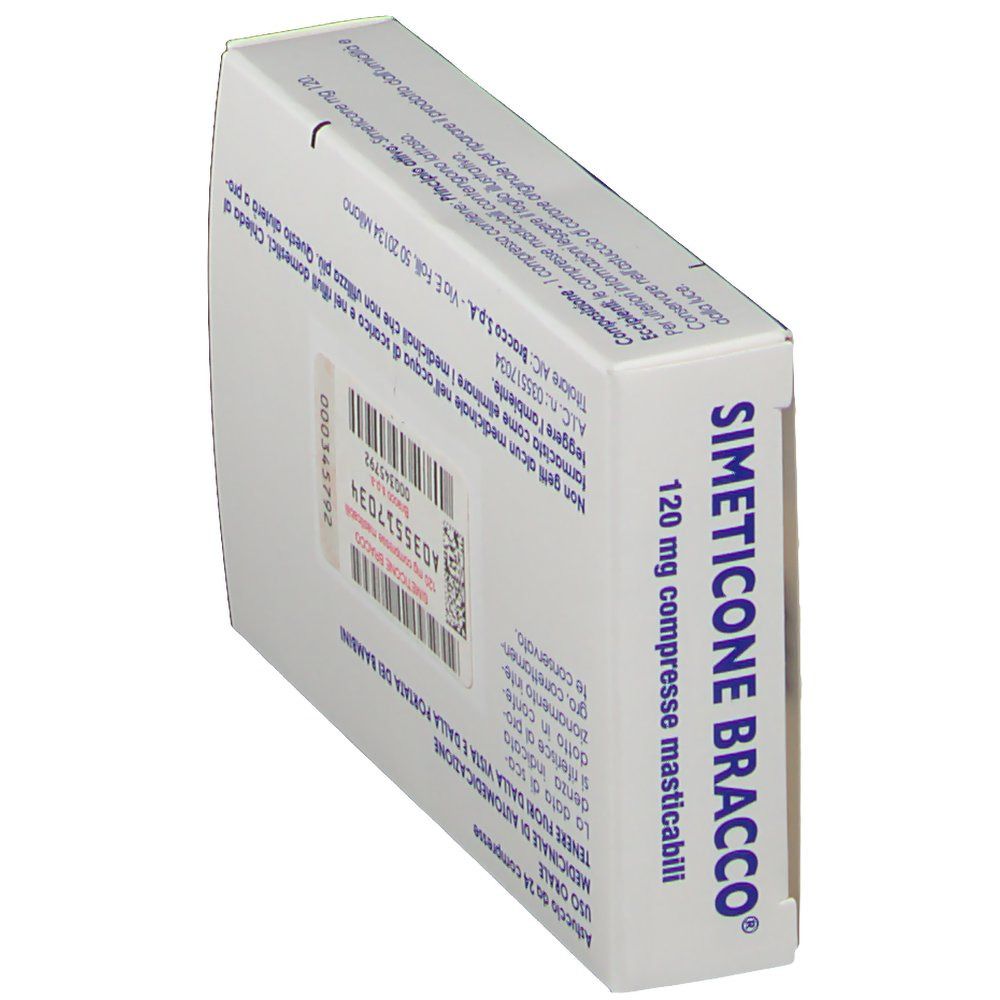 Scatola SIMETICONE BRACCO®, vista laterale. Testo: compresse masticabili 120 mg. Codice a barre e numero di lotto sul lato.