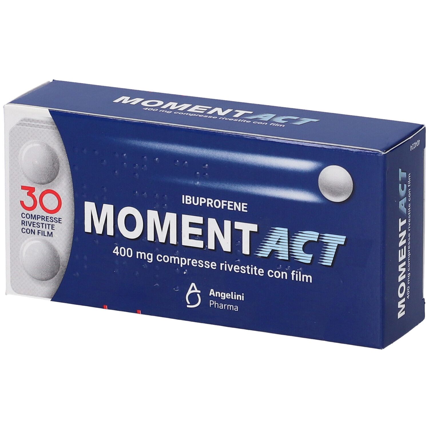 Confezione MOMENTACT con 30 compresse rivestite. Scatola blu con logo e dettagli del prodotto.