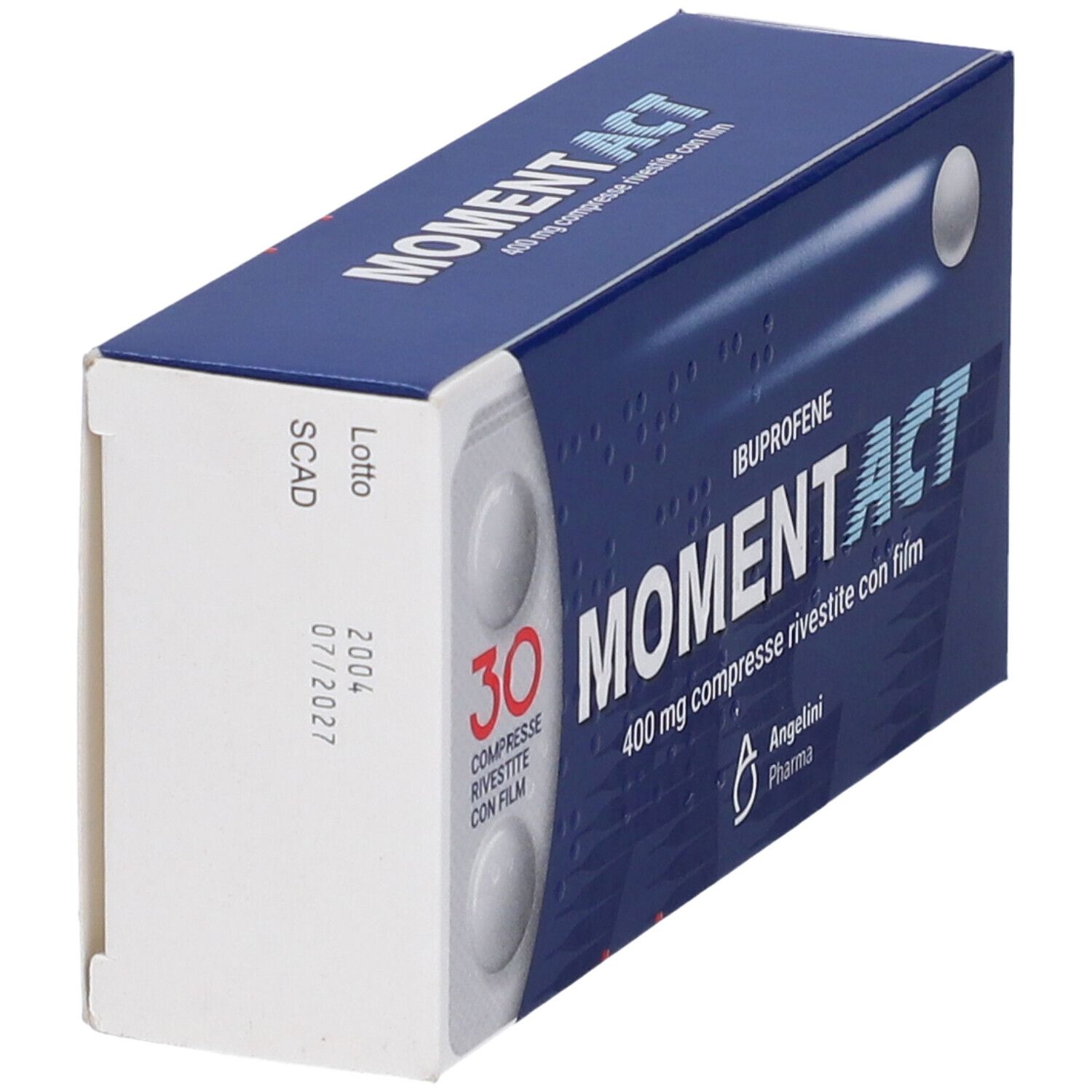 Scatola blu MOMENTACT con 30 compresse. Dettagli del prodotto e data di scadenza.