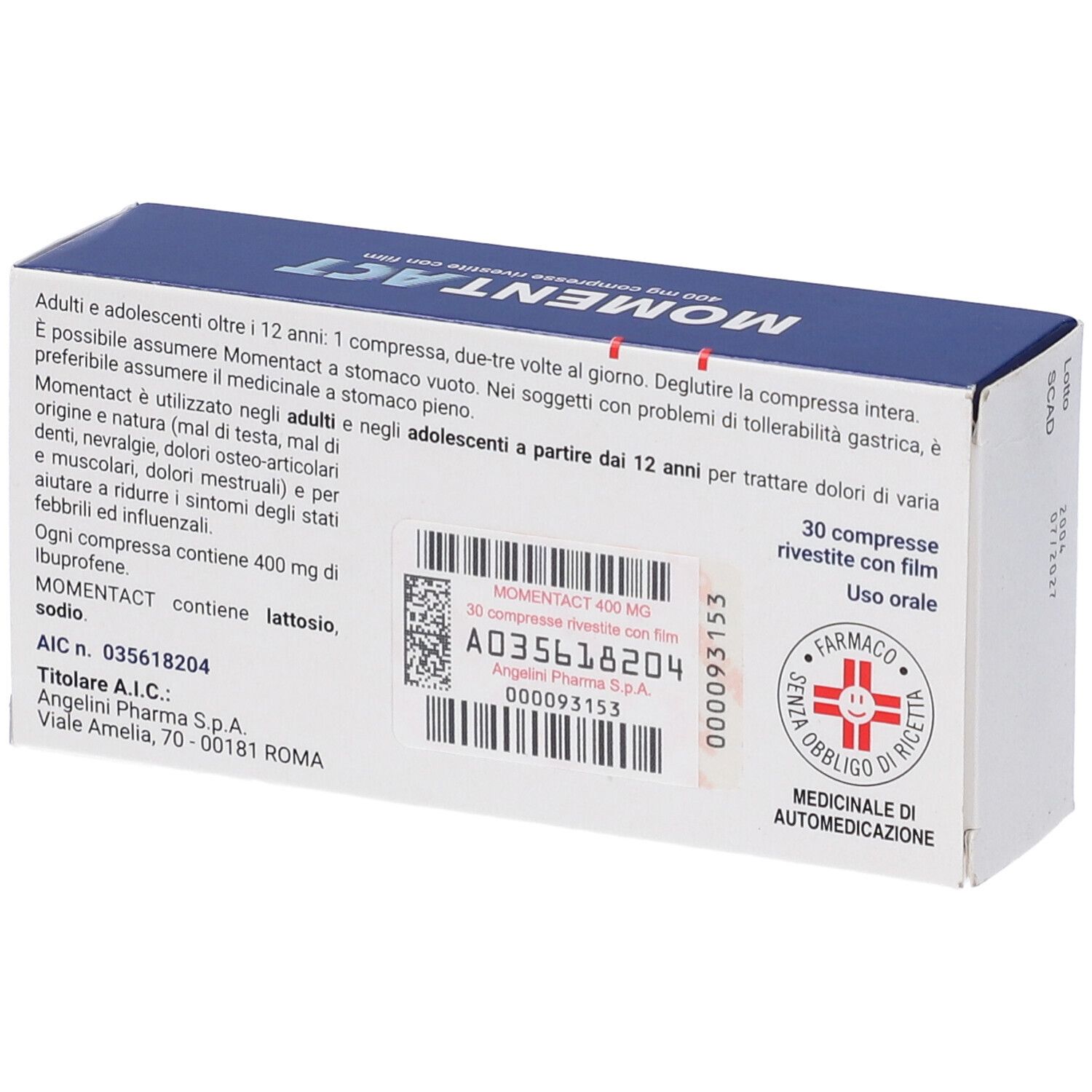 Retro della scatola MOMENTACT. Testo in italiano. Logo farmacia e informazioni sul prodotto.